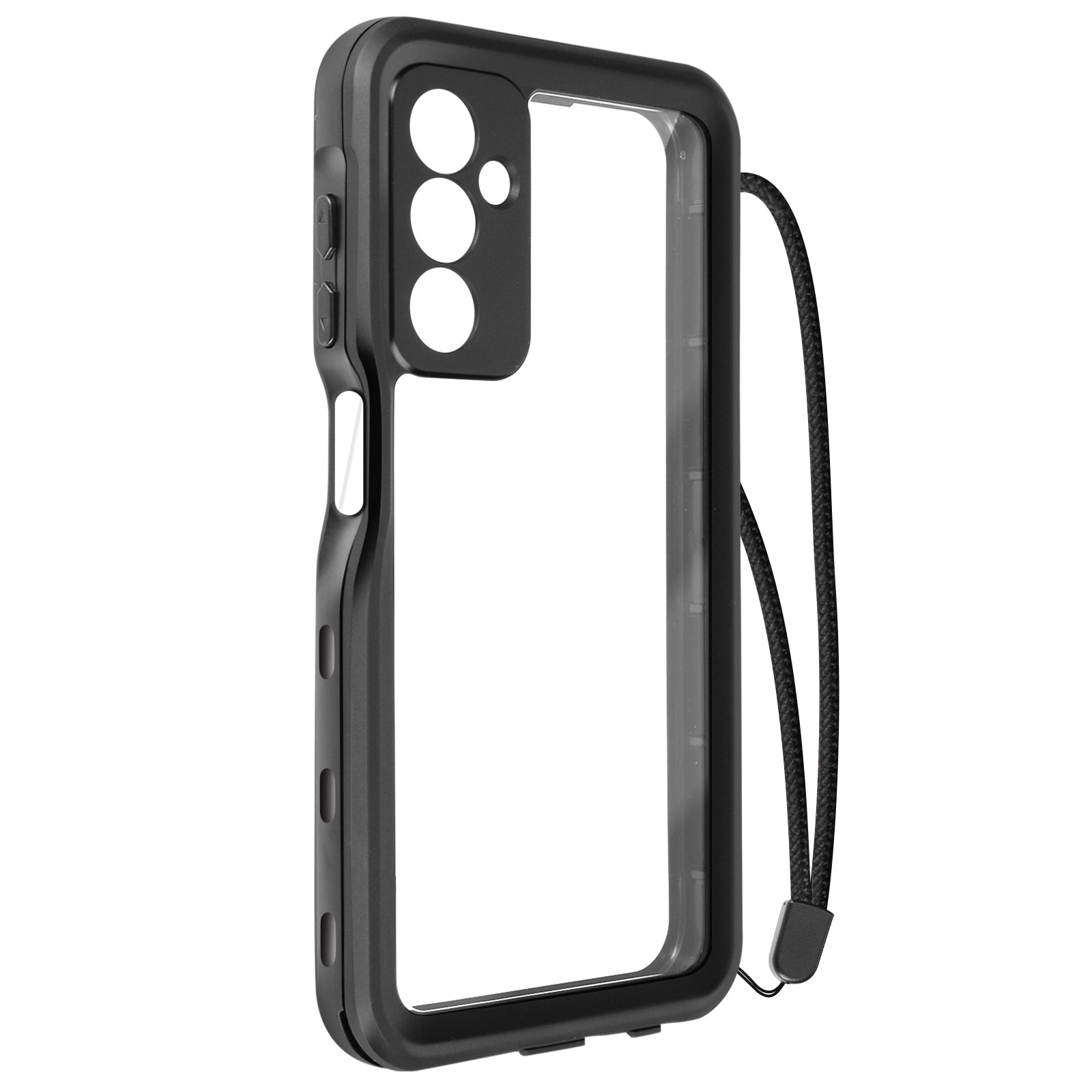 Funda negra para teléfono con parte trasera transparente y un cordón negro.