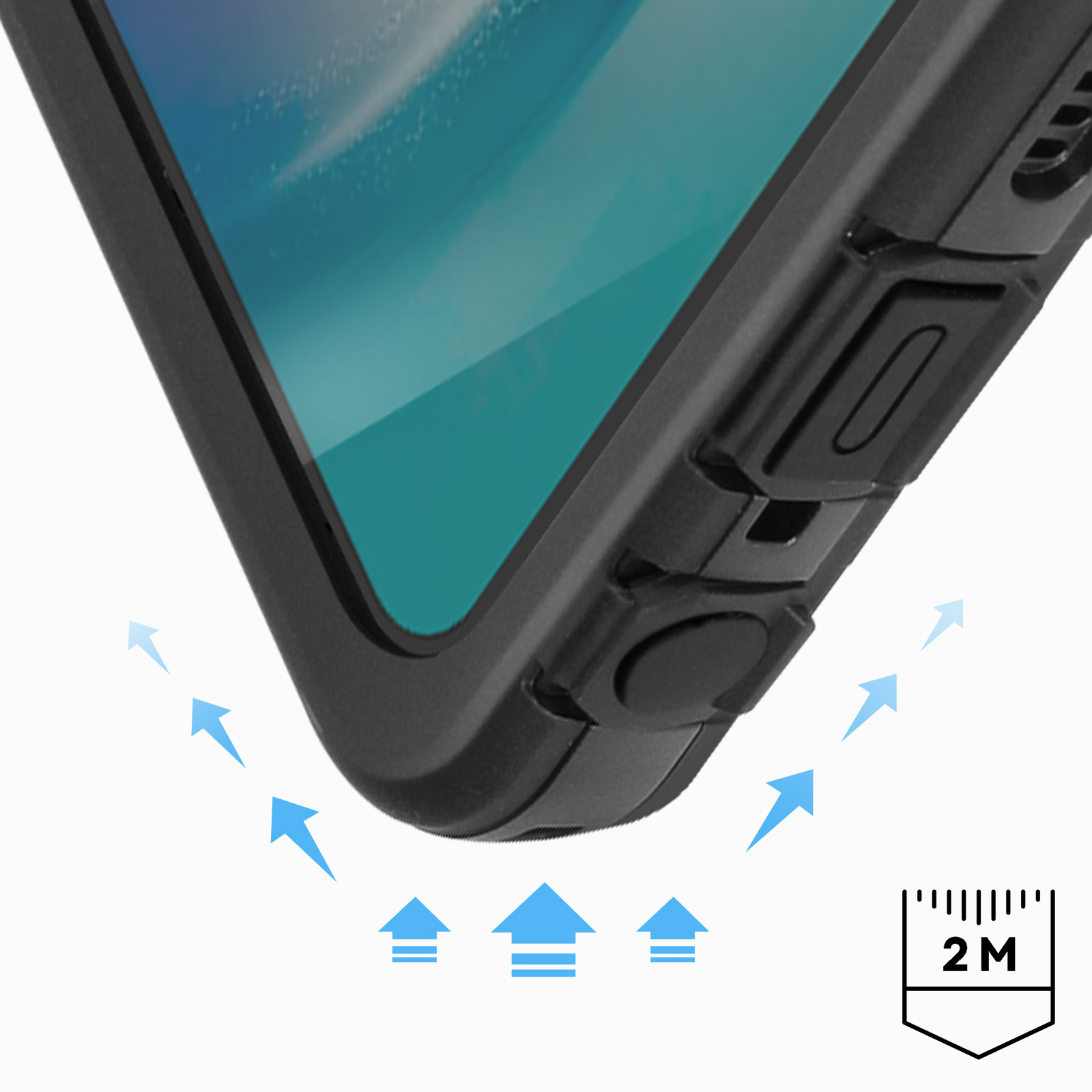 Funda negra con flechas y un icono de protección contra caídas de 2M.