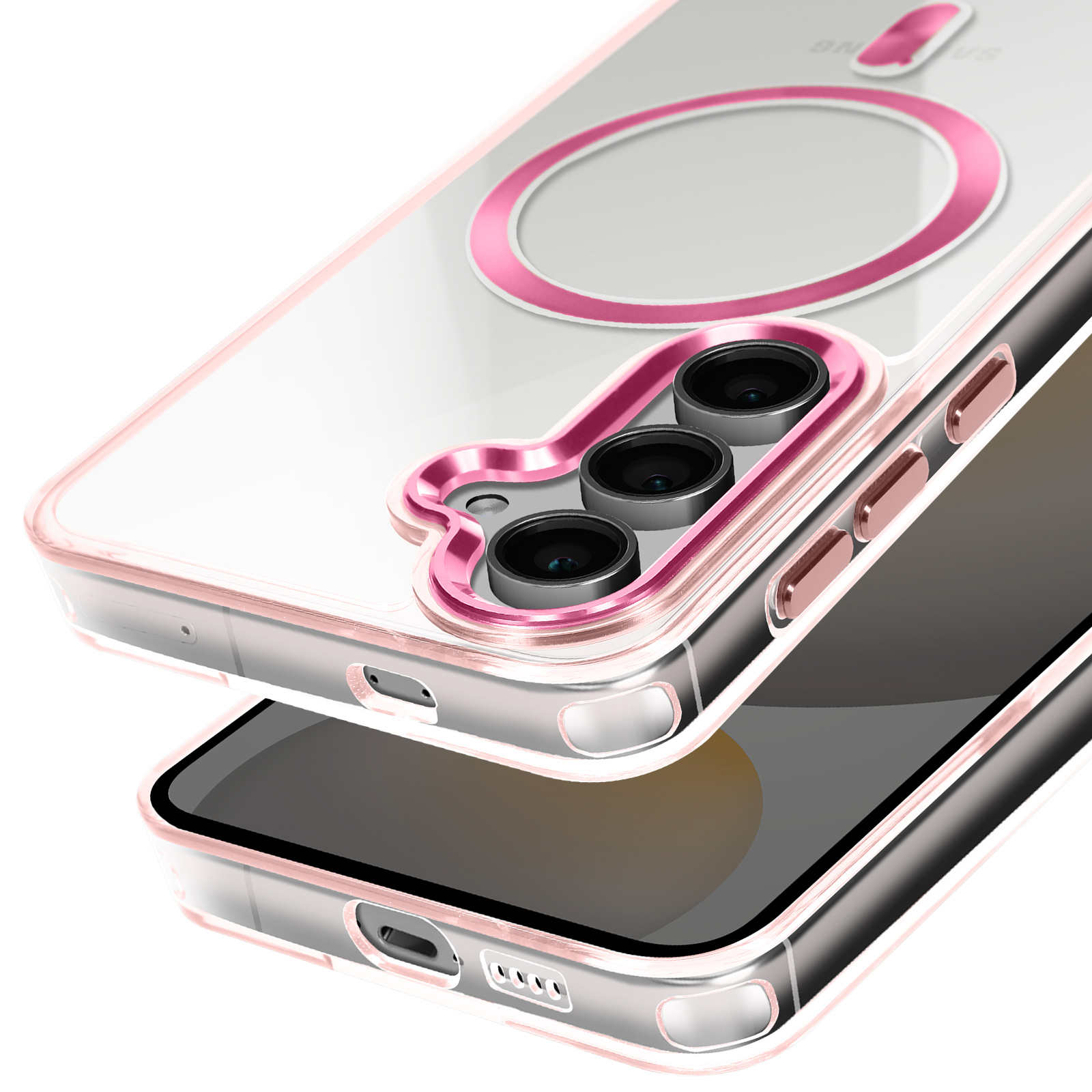 Primo piano di un telefono con un anello rosa attorno alla fotocamera, in una custodia trasparente.