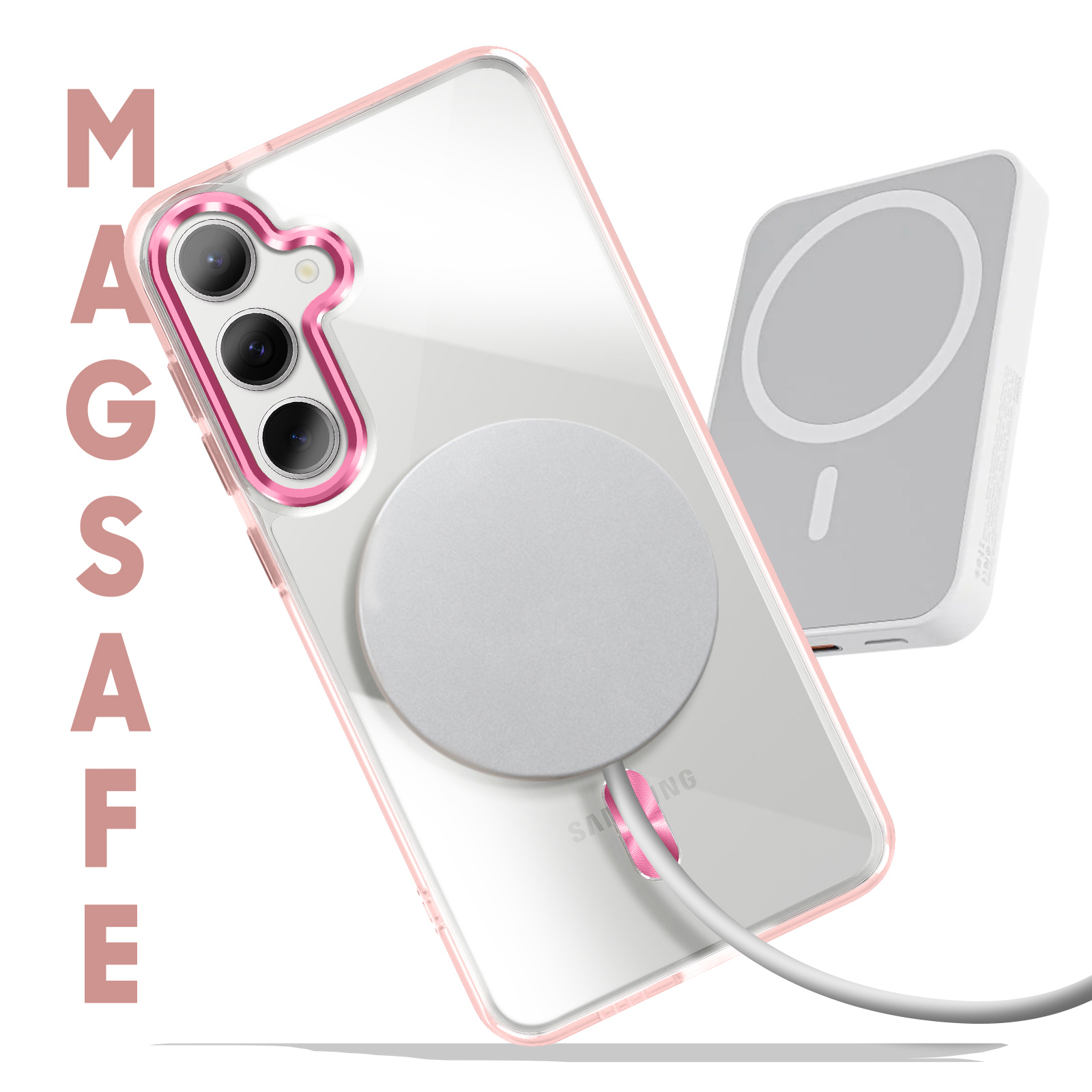 Custodia per telefono con bordo rosa, porta di ricarica e pad di ricarica bianco. La parola MAGSAFE è scritta.