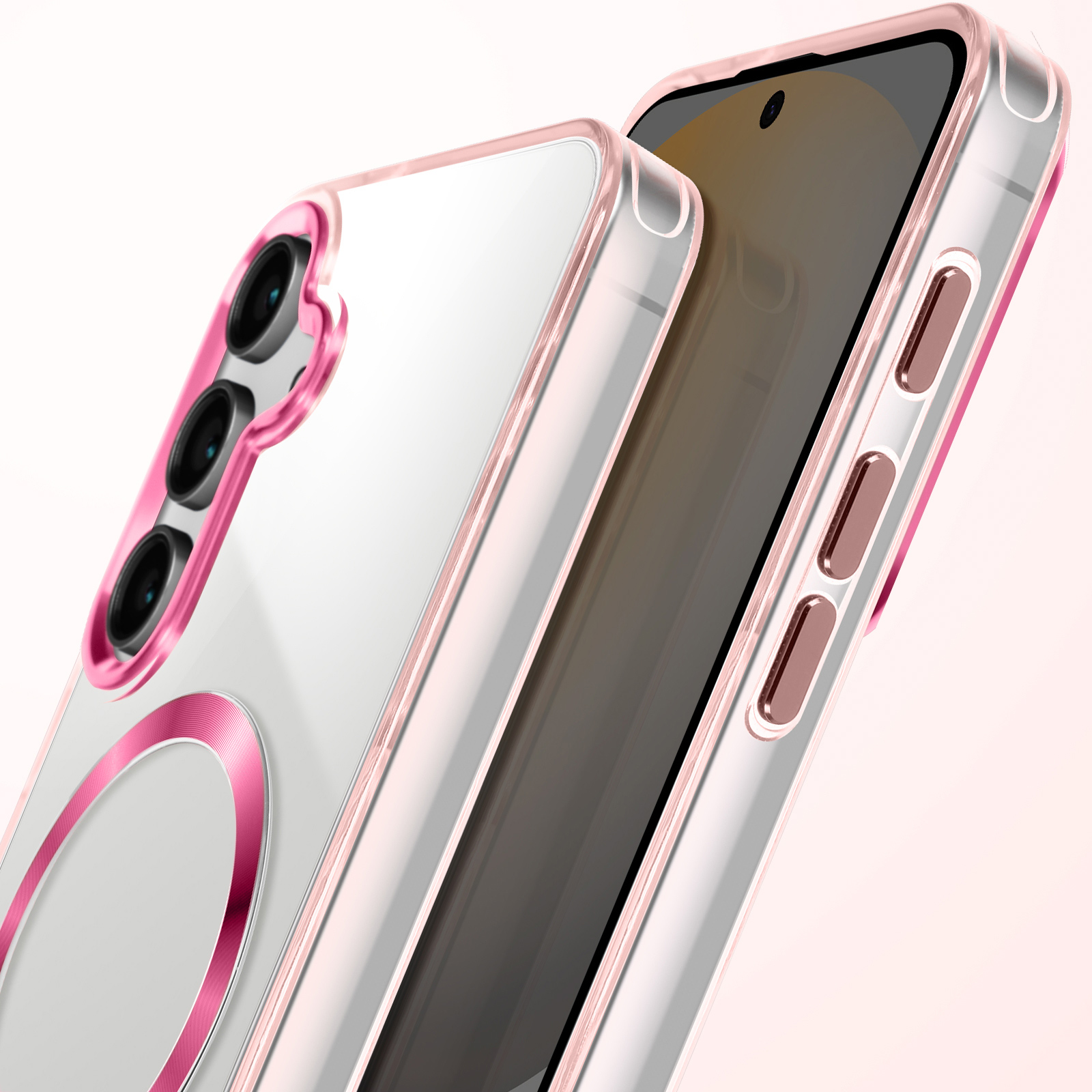 Due custodie per telefono: una trasparente con dettagli rosa e una nera. Sfondo rosa.