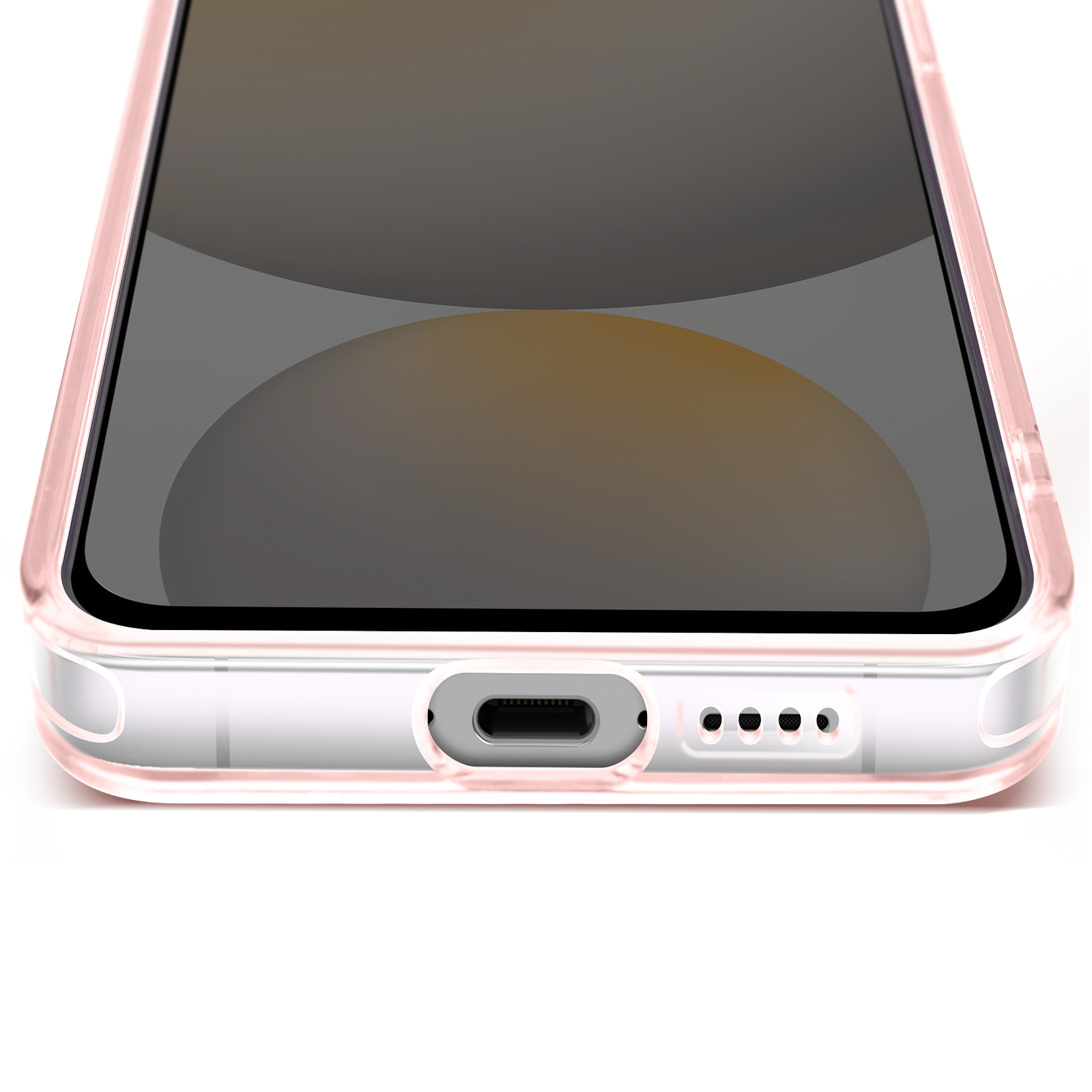 Custodia per telefono rosa. Schermo nero. Sfondo bianco.