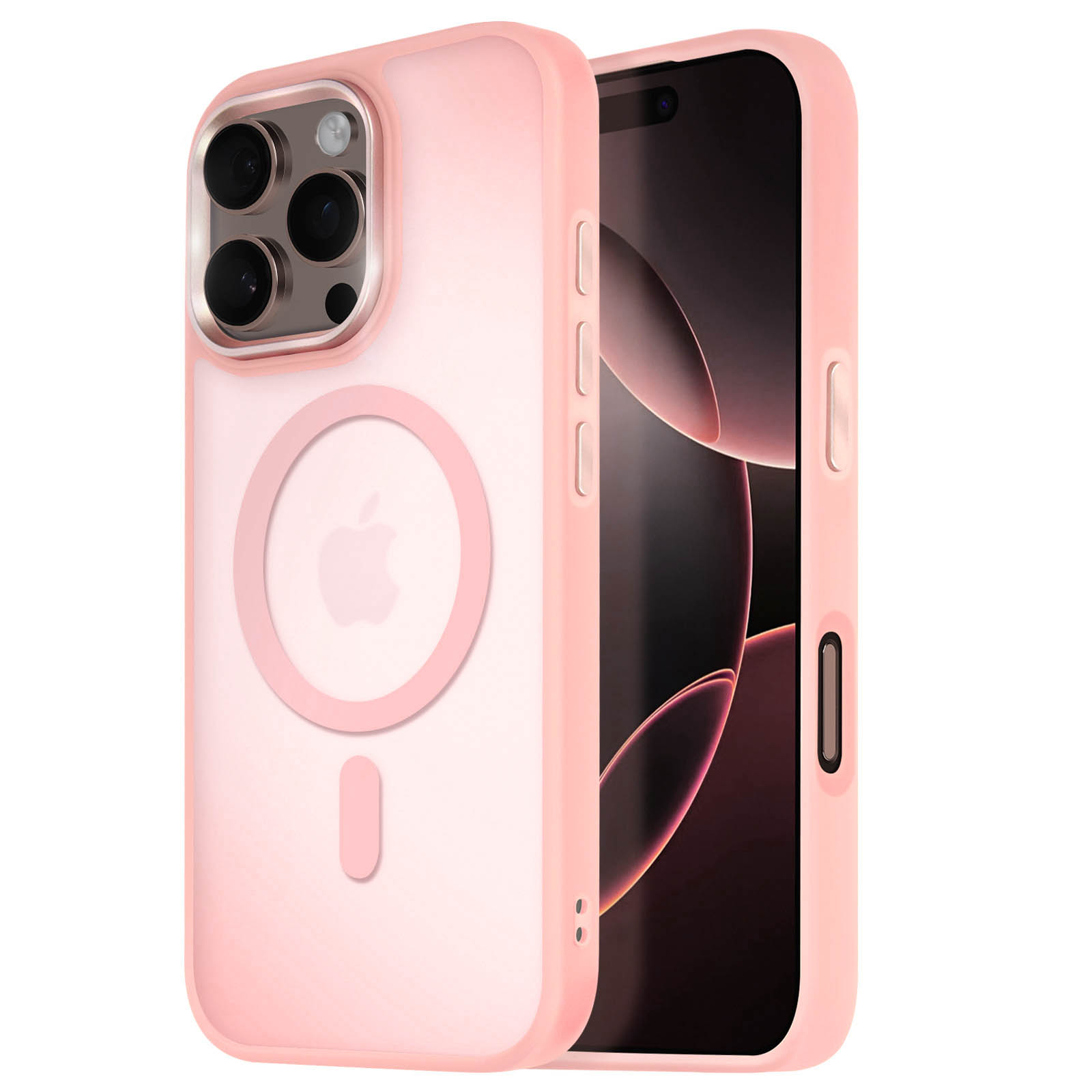Custodia rosa con un anello rosa. Il telefono è nella custodia.