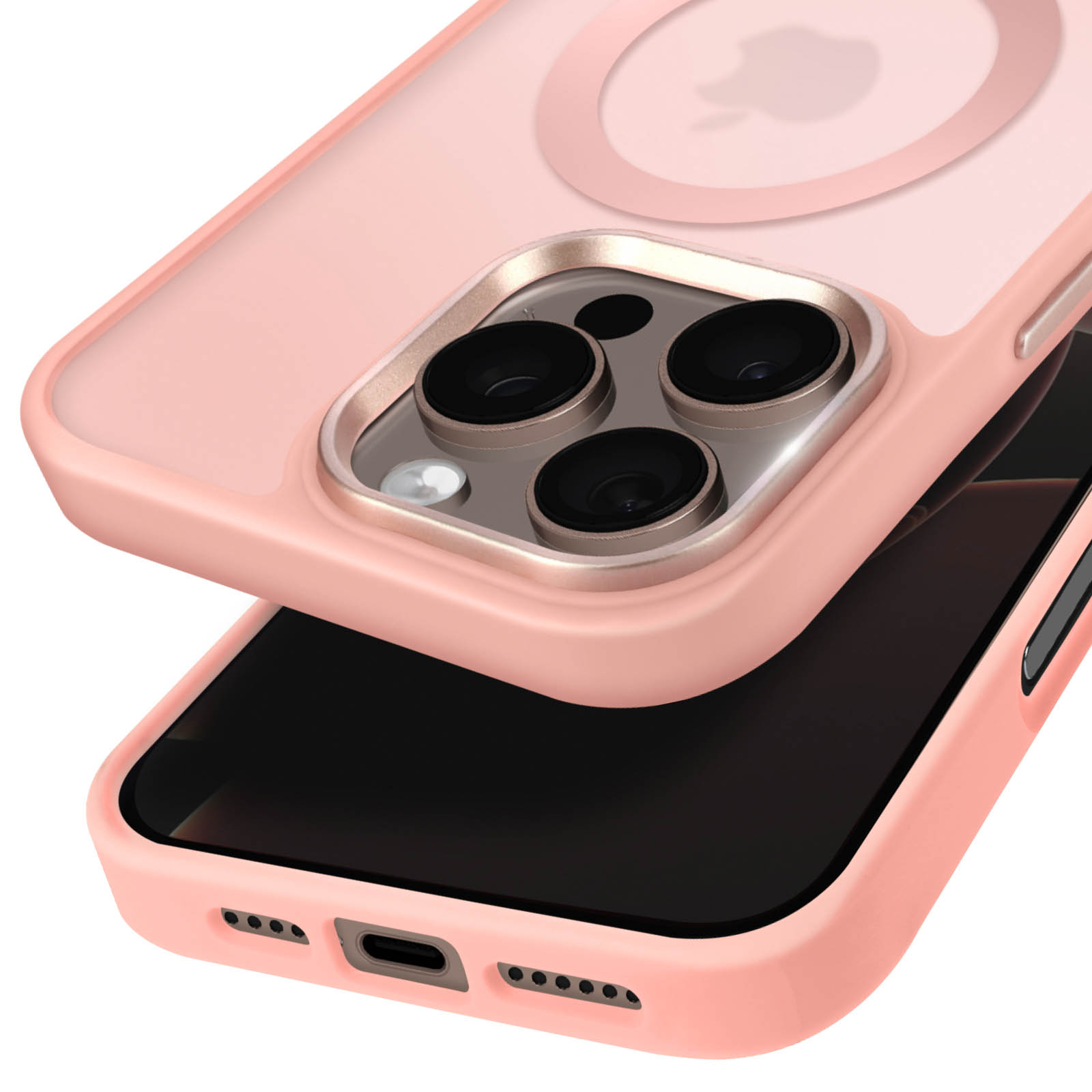 Una custodia rosa per telefono con il telefono all'interno, che mostra l'anello MagSafe e la fotocamera del telefono.