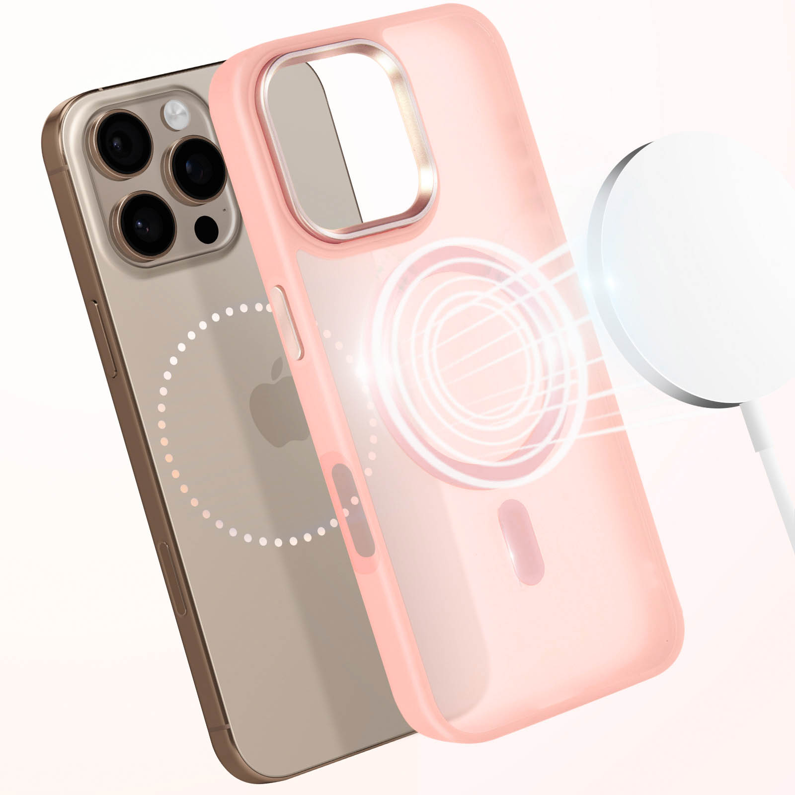 Telefono rosa con custodia rosa, cerchio di ricarica visibile sul retro. Caricabatterie bianco.
