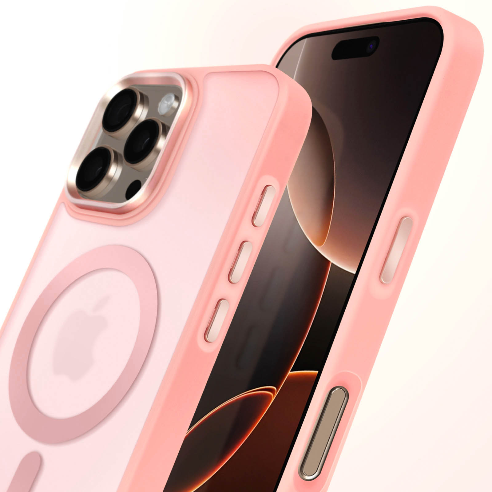 Custodia per telefono rosa con retro trasparente, cornice rosa e telefono con schermo rosa.