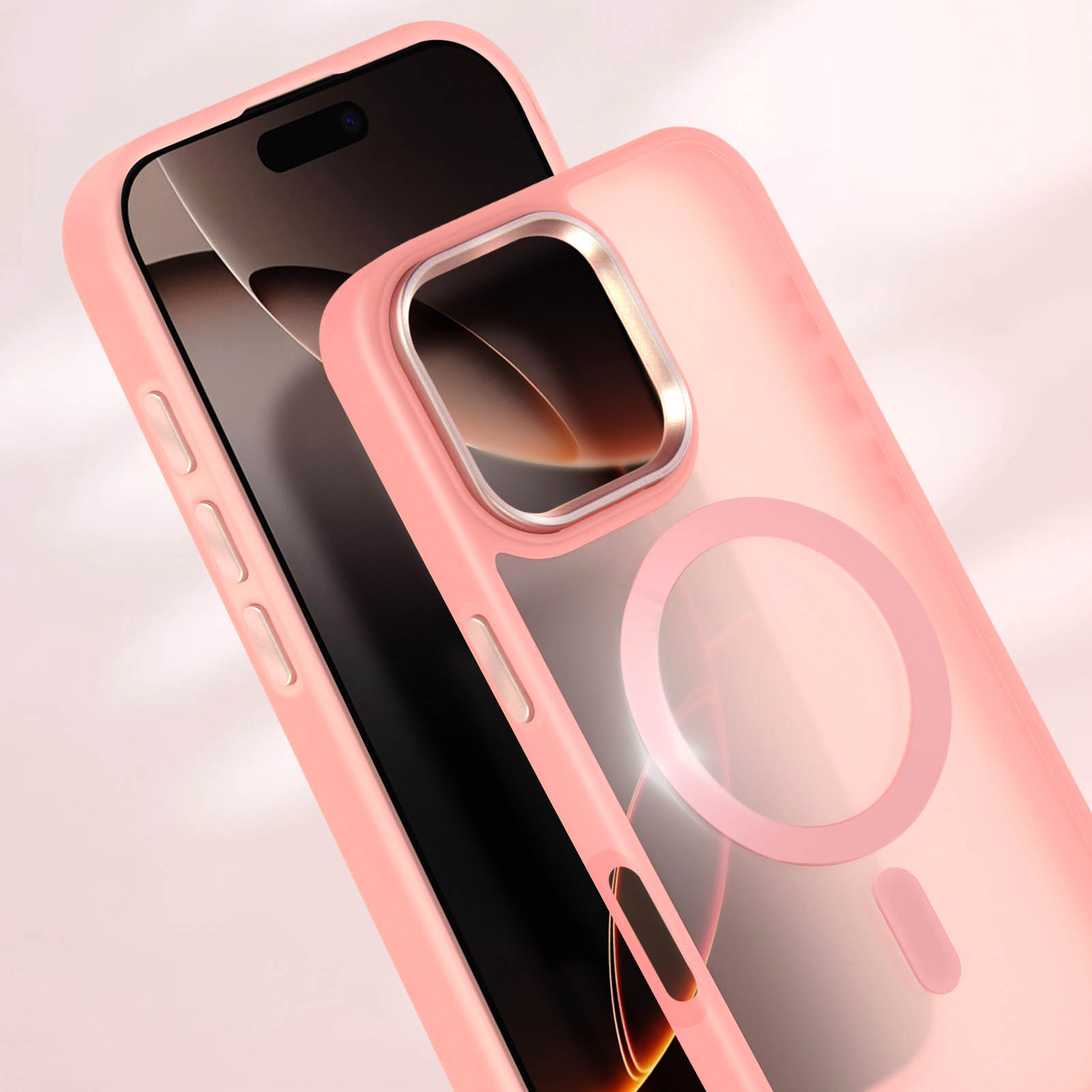 Custodia rosa per iPhone con retro trasparente e anello rosa attorno alla fotocamera.