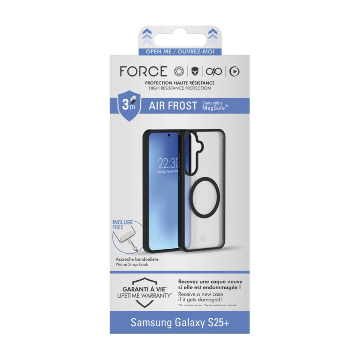 Telefono in una custodia con scatola. La scatola dice: Air Frost, compatibile con MagSafe e garanzia a vita.