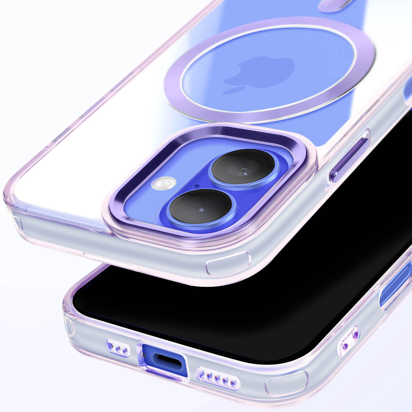 Custodia trasparente per telefono su una superficie bianca. Telefono visibile. Anello trasparente intorno alla fotocamera.