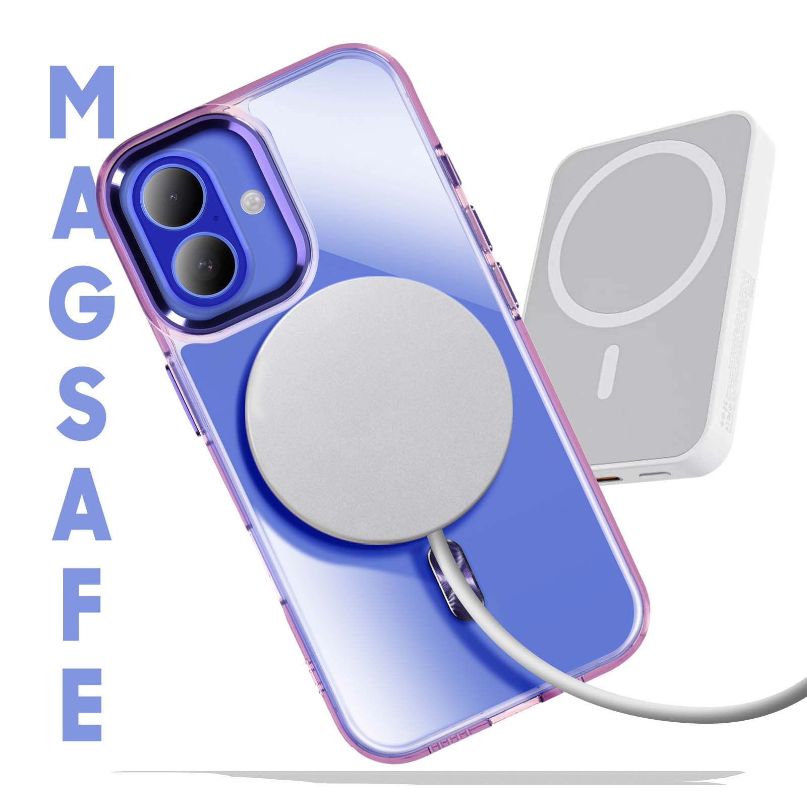 Un iPhone blu in una custodia trasparente con un caricatore MagSafe bianco e la parola MAGSAFE.