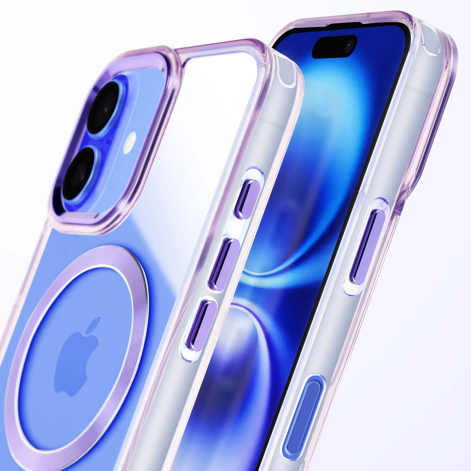 Custodia per telefono con il telefono all'interno. Viola e trasparente. Sfondo bianco.