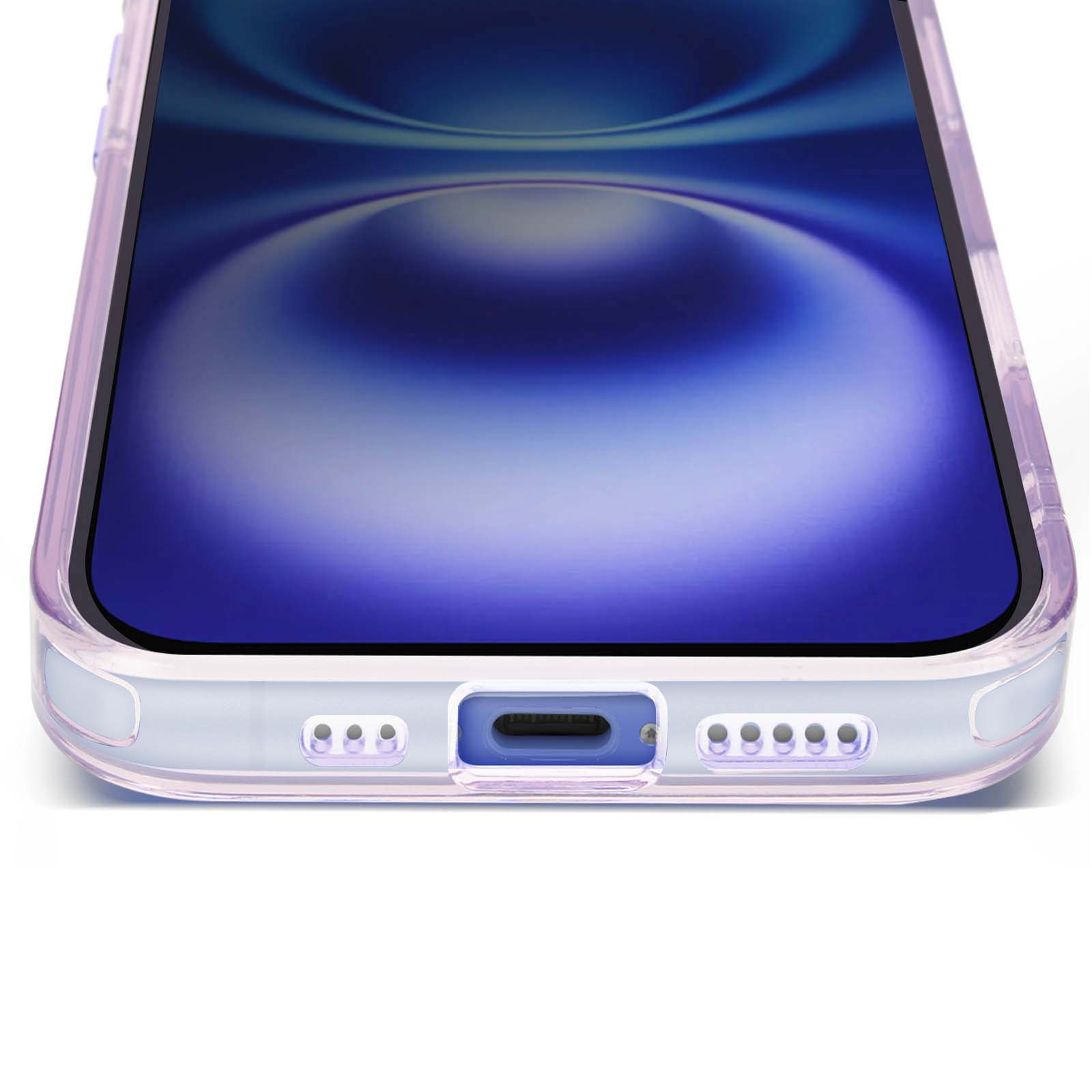 Custodia trasparente con bordo viola. Schermo del telefono visibile.