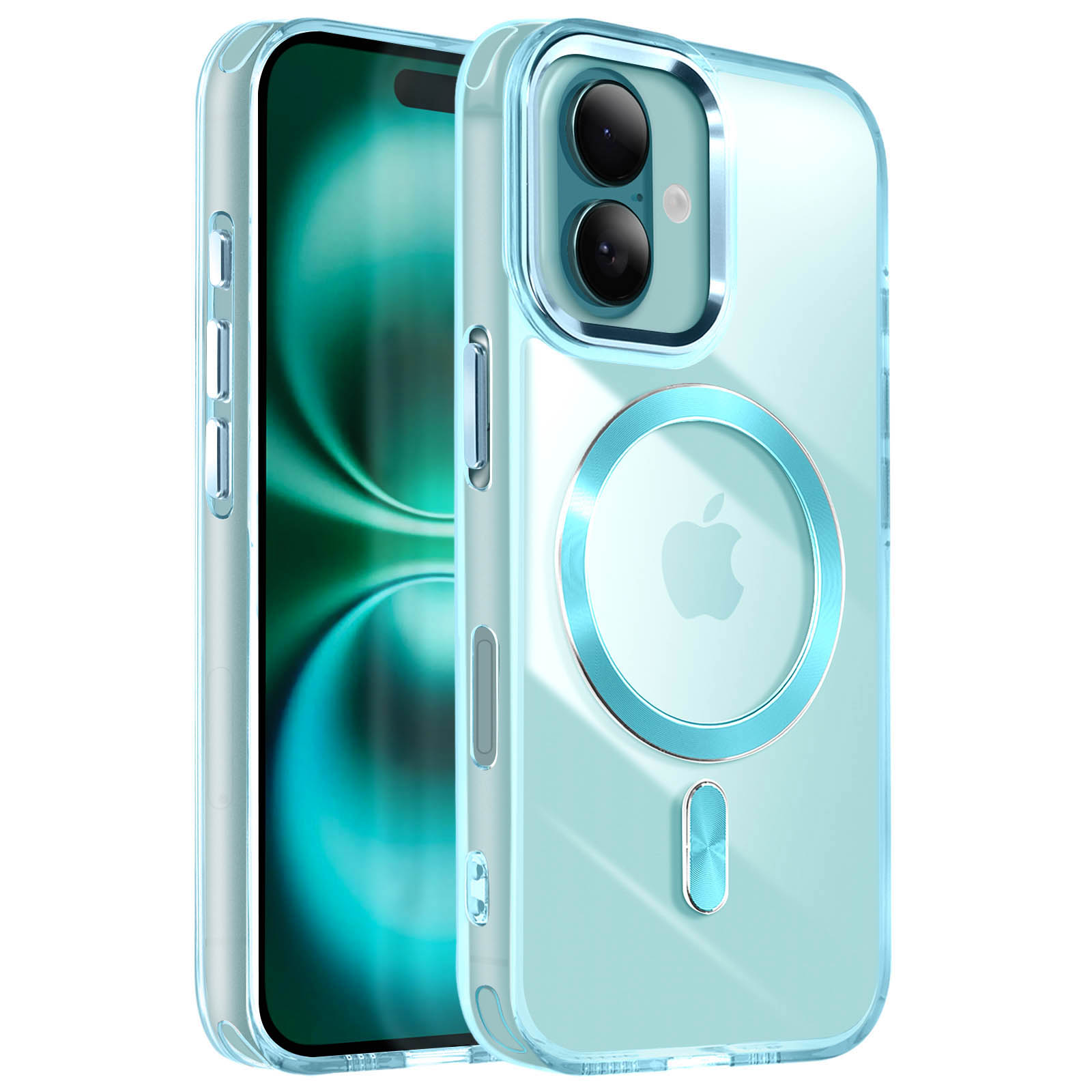 Custodia per telefono blu trasparente con logo Apple. Il telefono è blu.