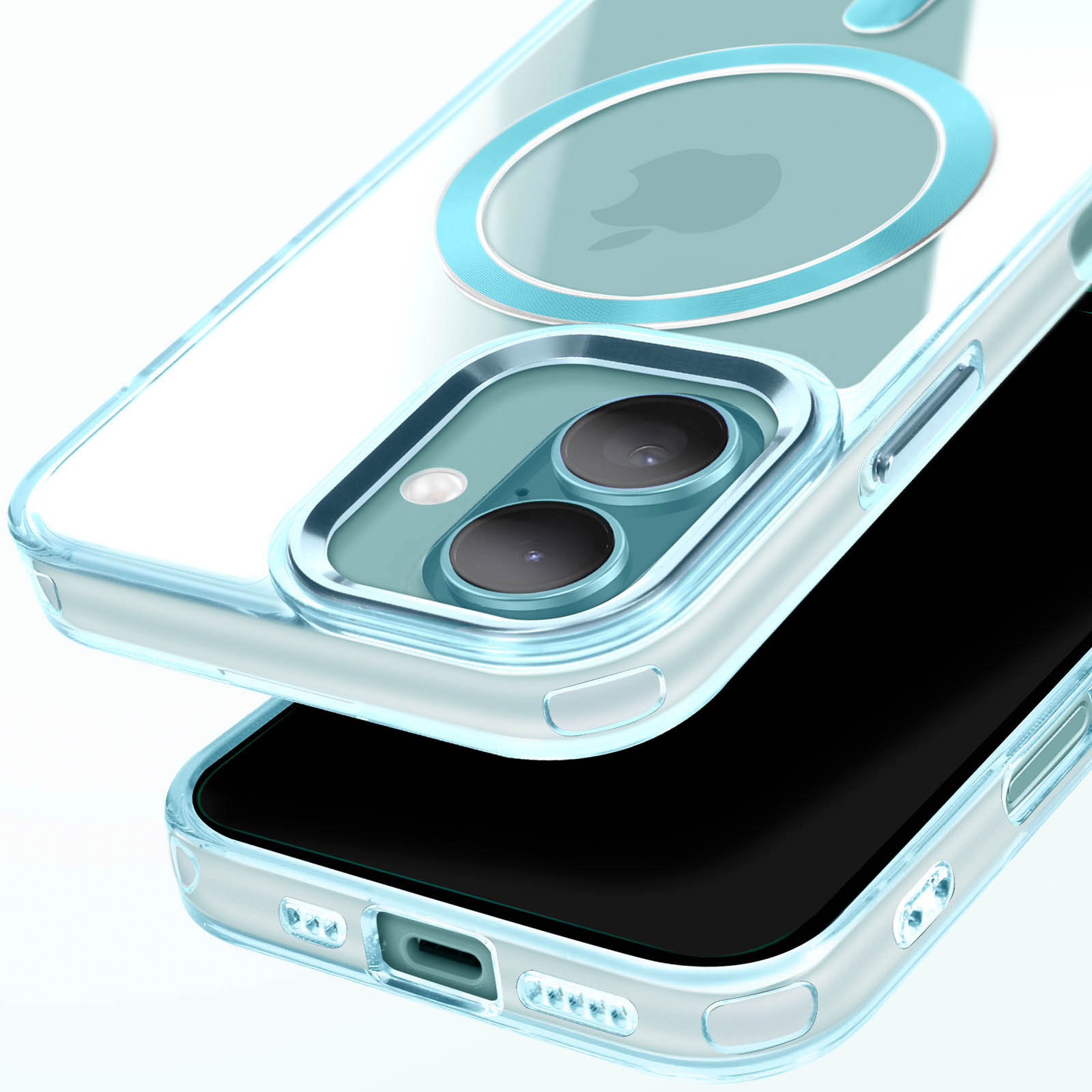 Custodia trasparente con telefono, un'altra custodia sotto. Anello MagSafe blu.