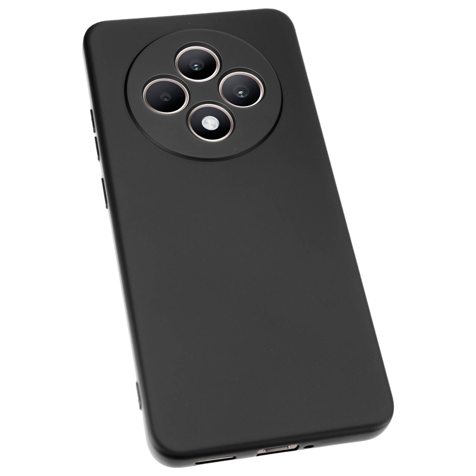 Custodia nera per telefono con ritaglio circolare per fotocamera. La custodia è angolata e mostra il retro.