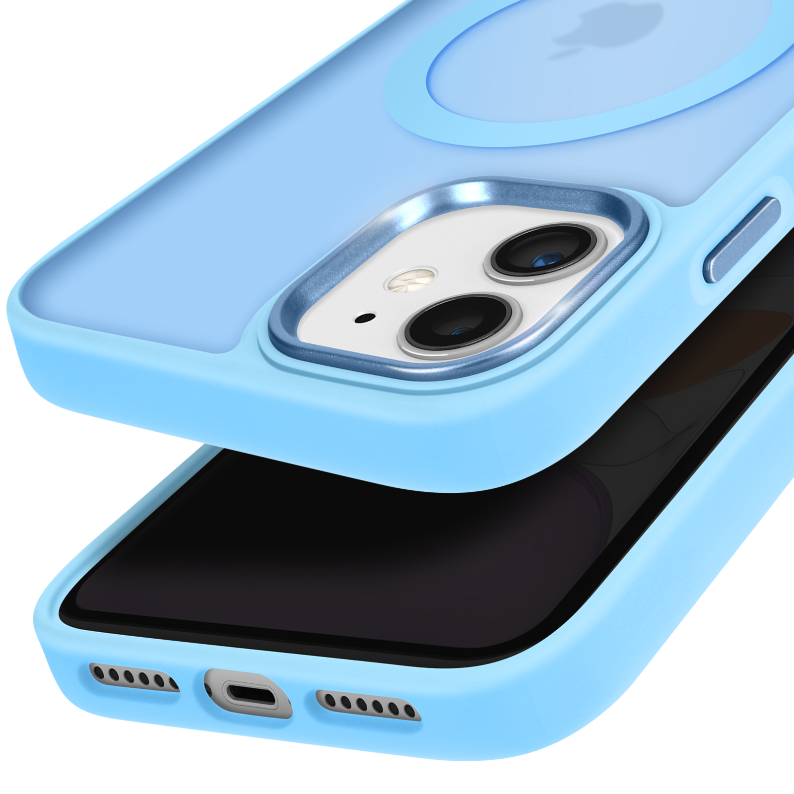 Custodia azzurra in due parti, il telefono è dentro. Parte superiore rimossa.