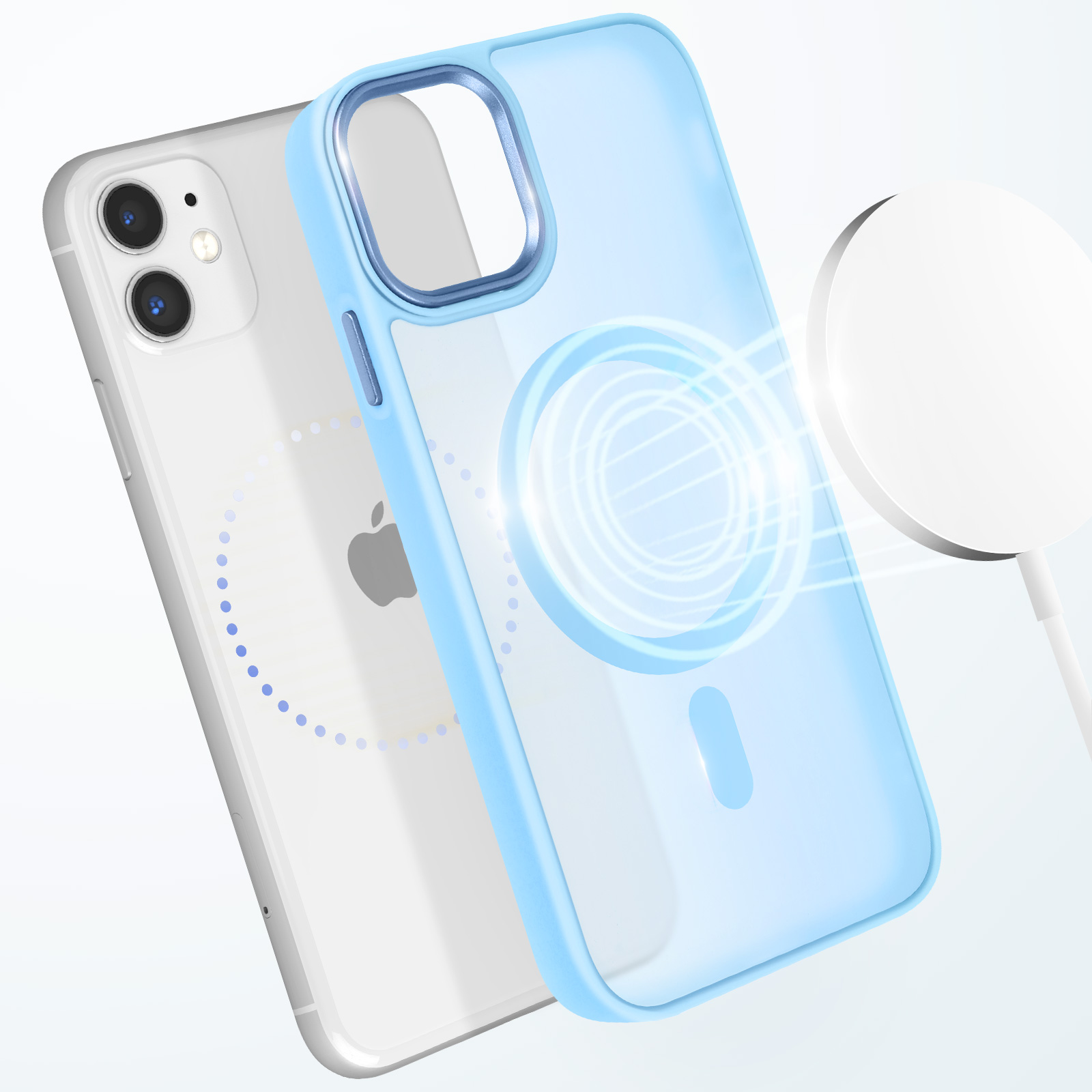 Un telefono in una custodia blu con un caricabatterie bianco.