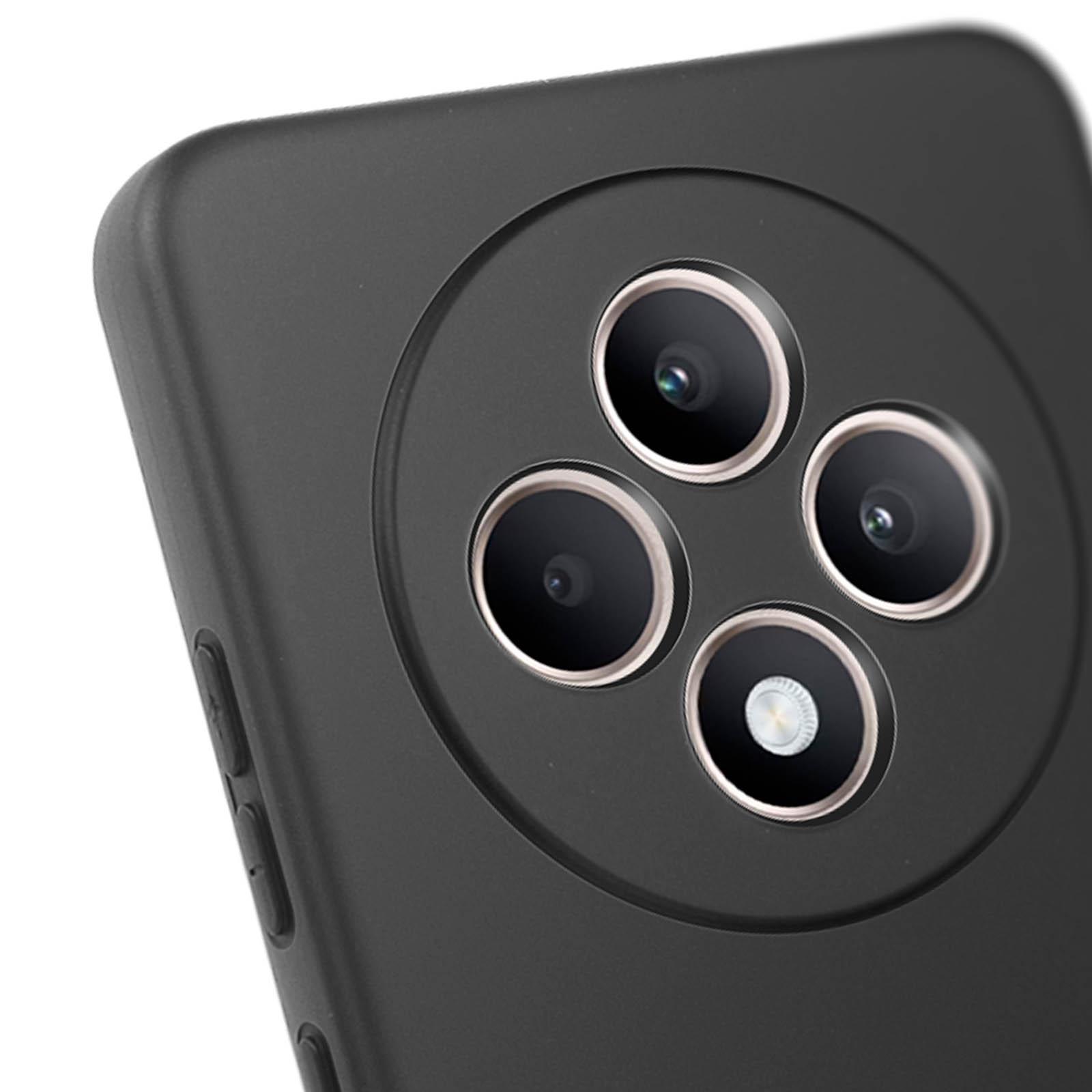 Primo piano su un telefono nero. Il telefono ha quattro obiettivi della fotocamera.