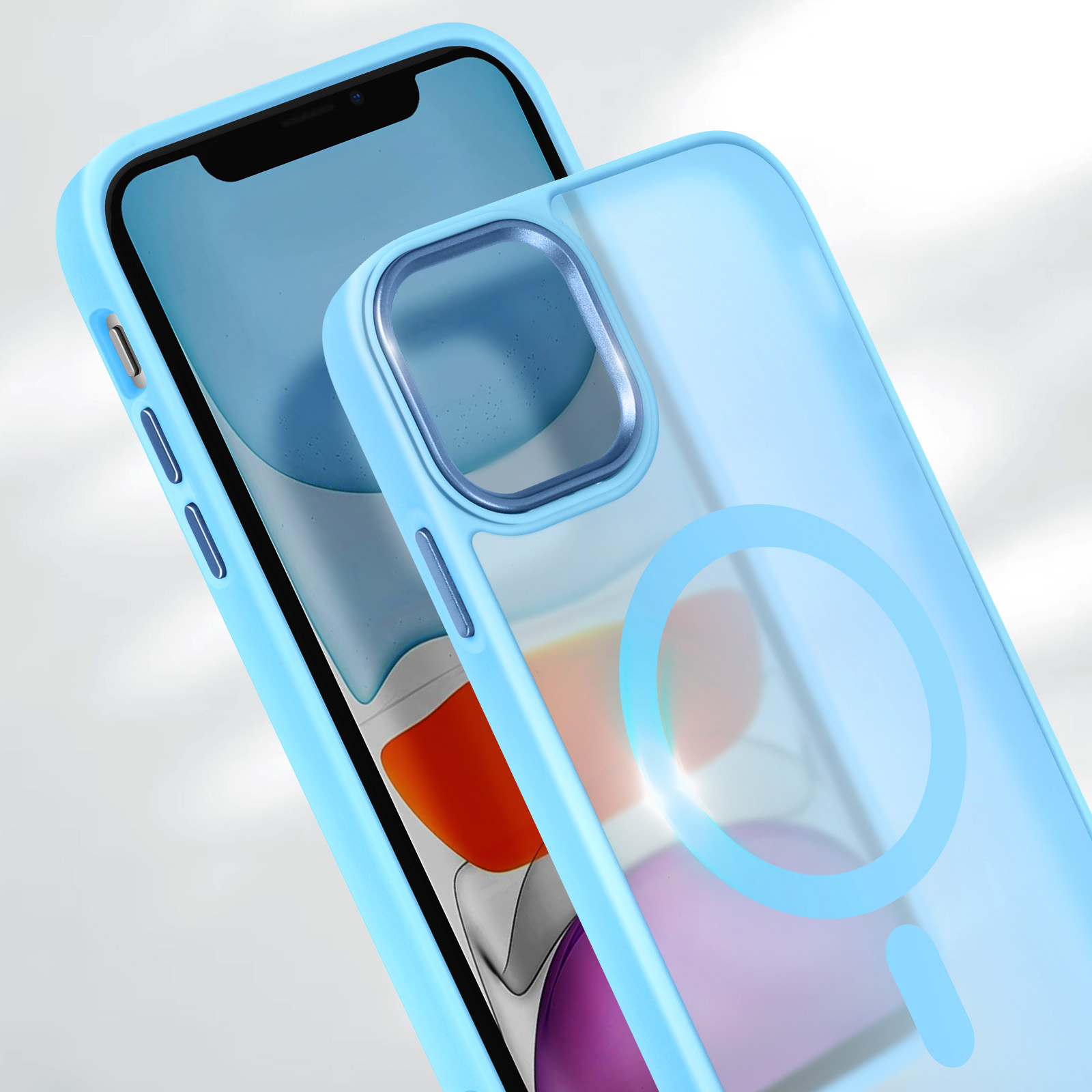 Custodia blu per iPhone con retro trasparente e cornice blu. Un cerchio di ricarica è visibile.