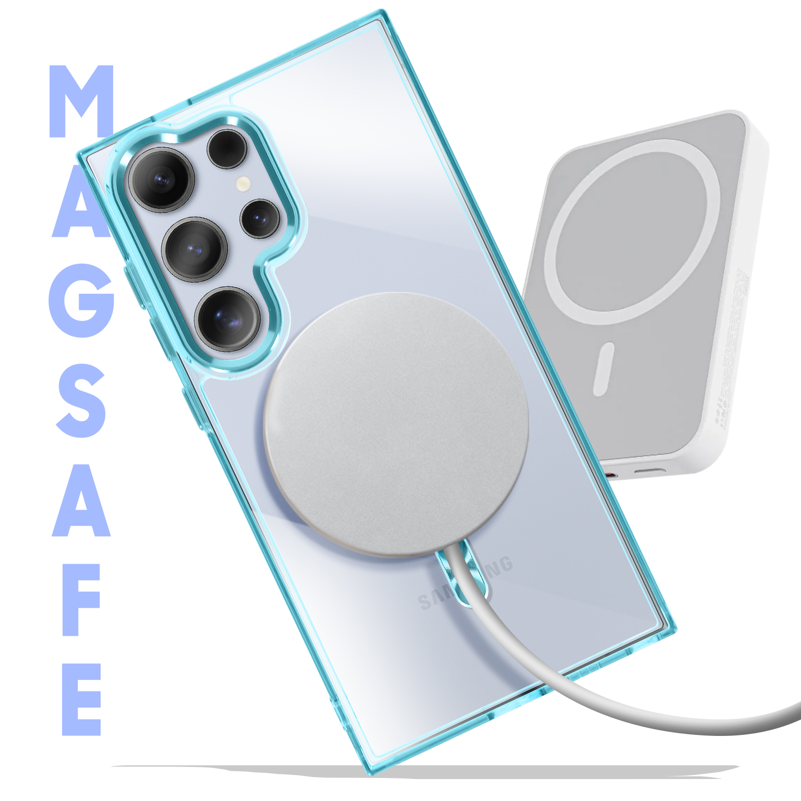 Telefono in custodia blu con caricatore MagSafe bianco. La parola 'MAGSAFE' è visibile.