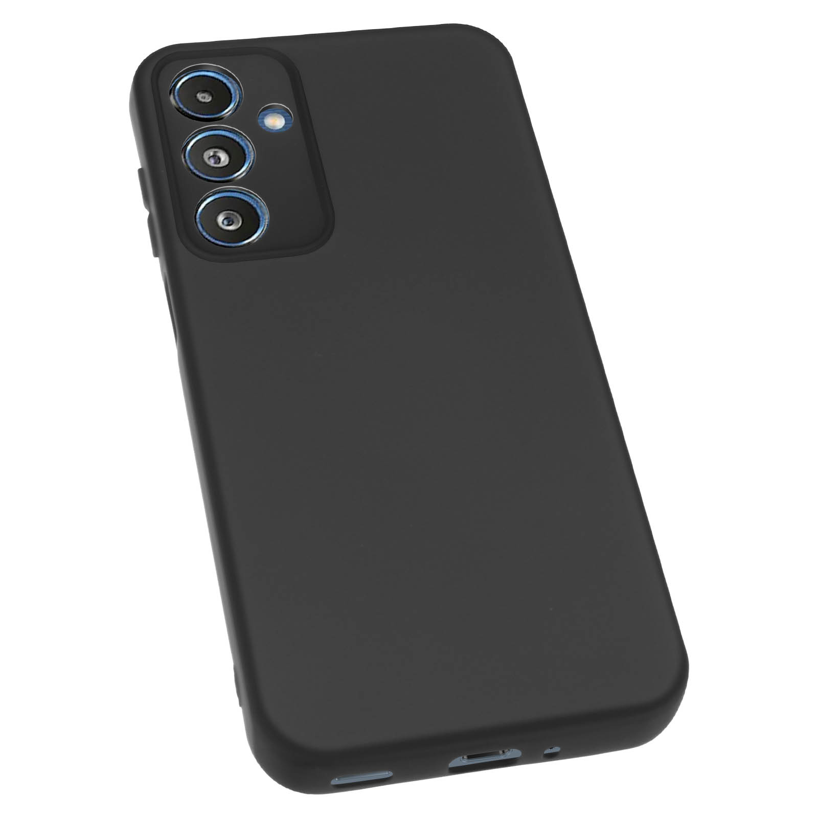 Custodia per telefono nera con tre lenti della fotocamera e corpo nero, vista angolata.