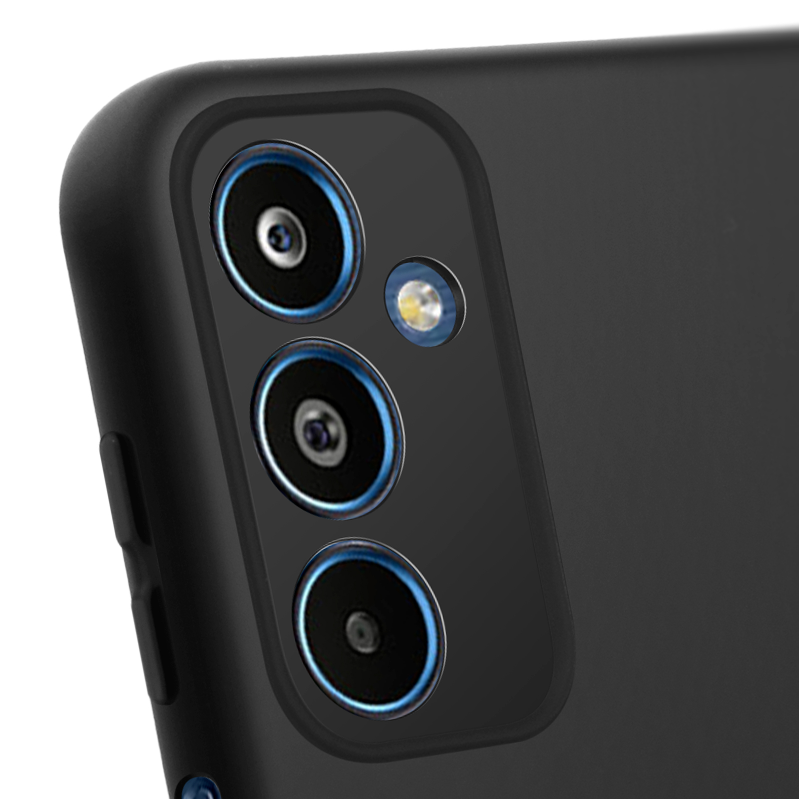 Custodia nera per telefono con tre lenti della fotocamera. La custodia copre la parte superiore del telefono.