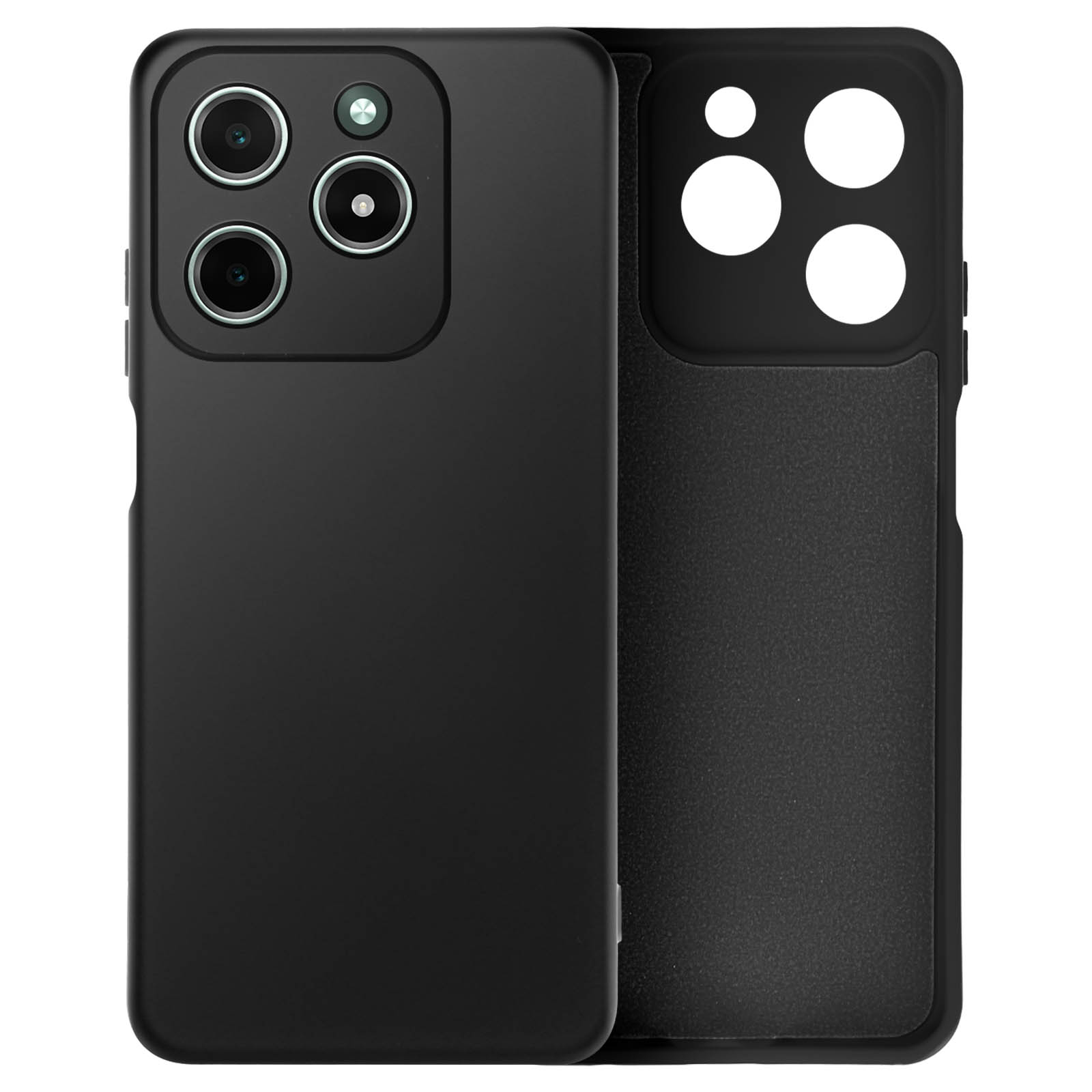 Custodia per telefono nera con finitura opaca. Ha tre ritagli per la fotocamera e una superficie nera.