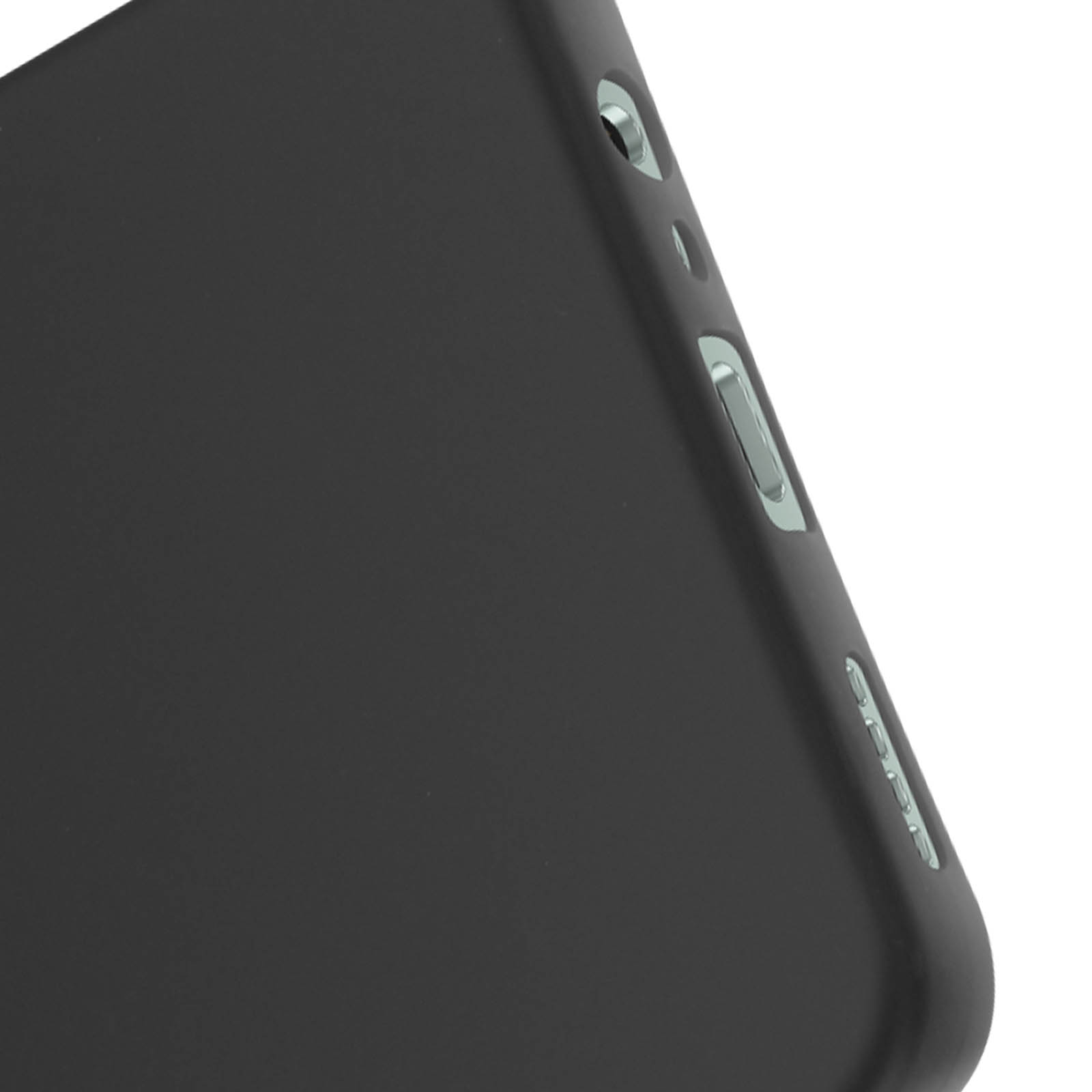 Primo piano di una custodia nera per telefono con pulsanti e fori.