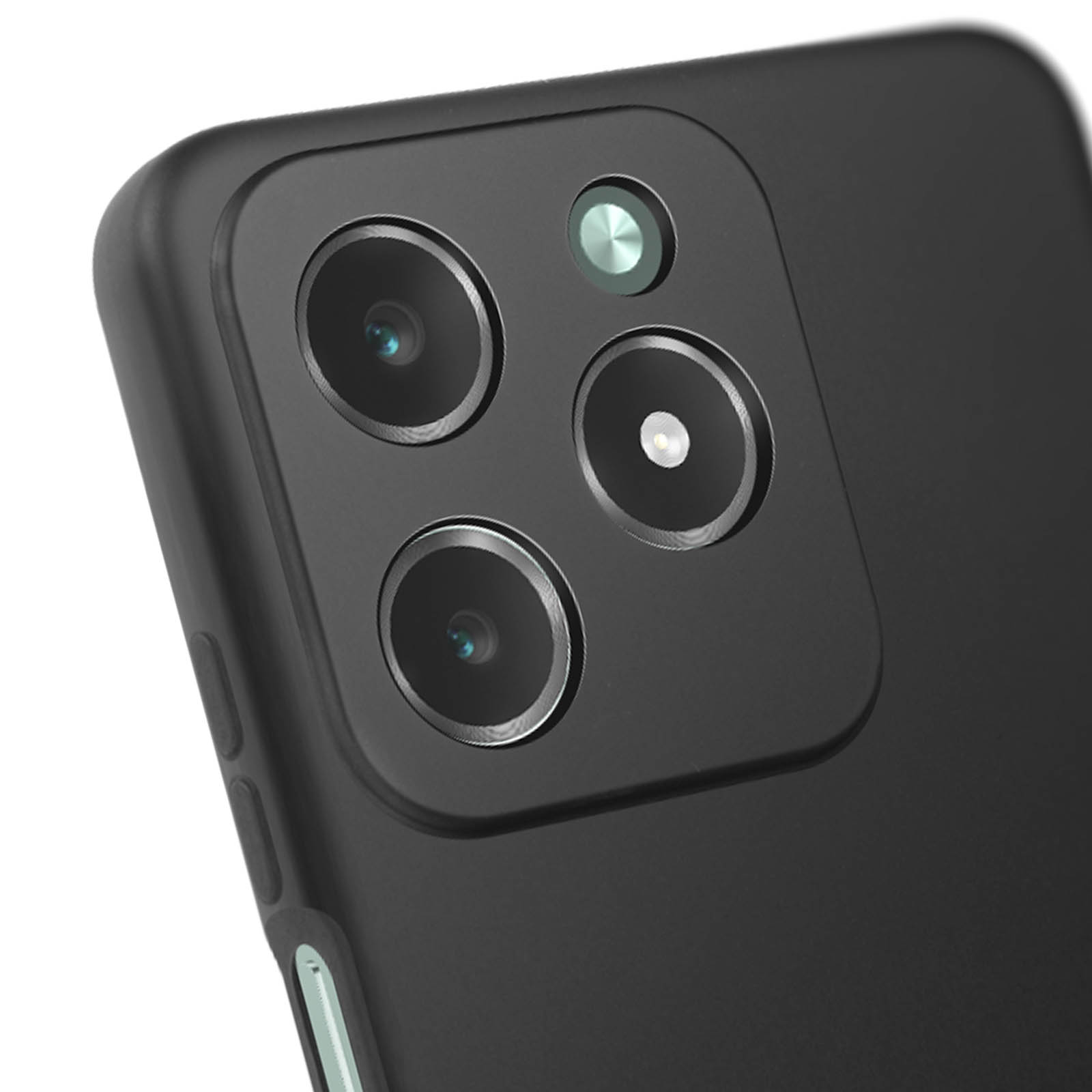 Telefono nero con tre lenti della fotocamera. Sfondo bianco.