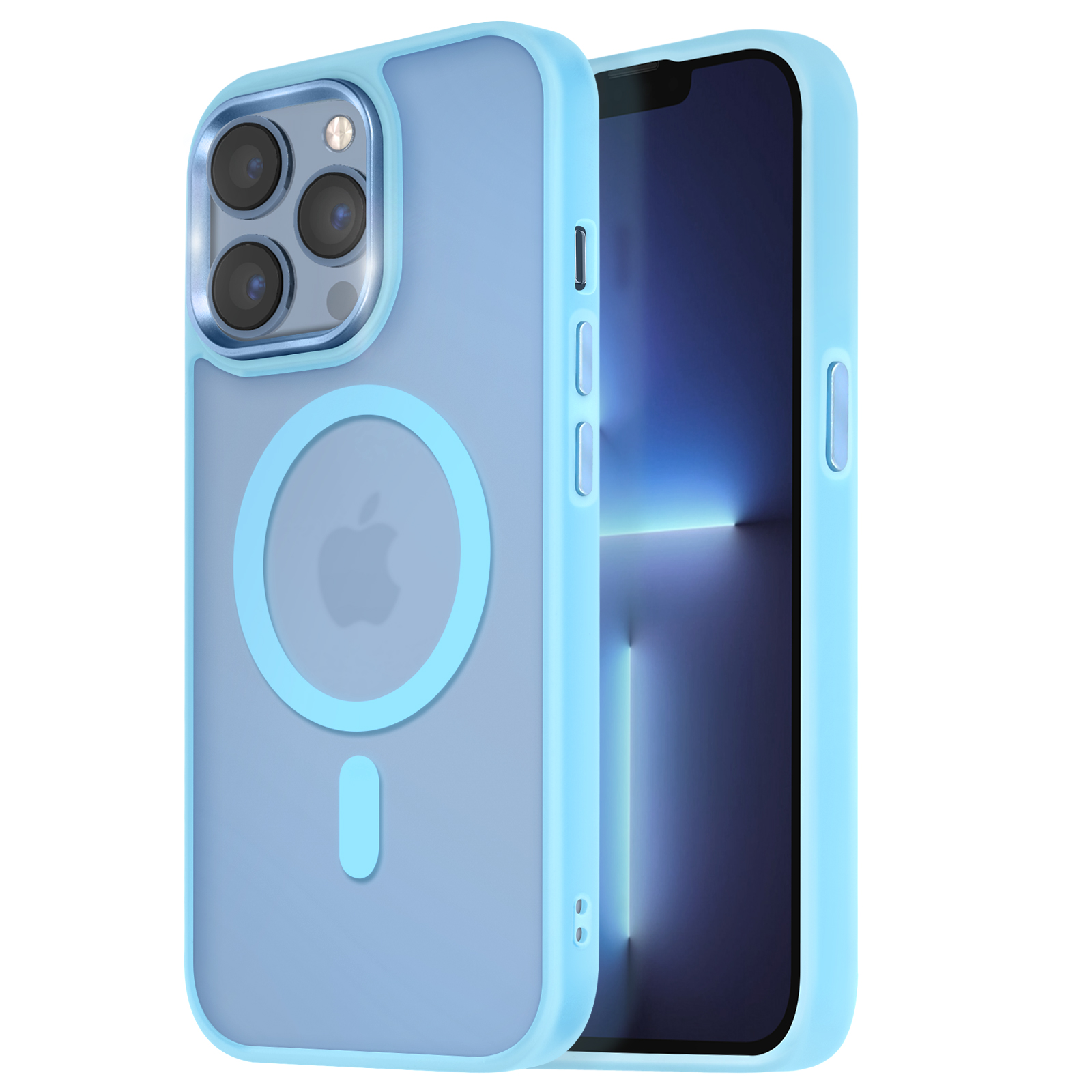 Una custodia blu con un telefono all'interno, che mostra il logo Apple.