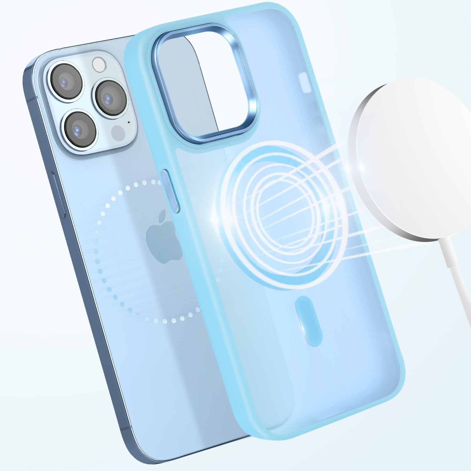 Una custodia per telefono azzurra con un telefono all'interno e un caricatore MagSafe bianco. La custodia è trasparente.