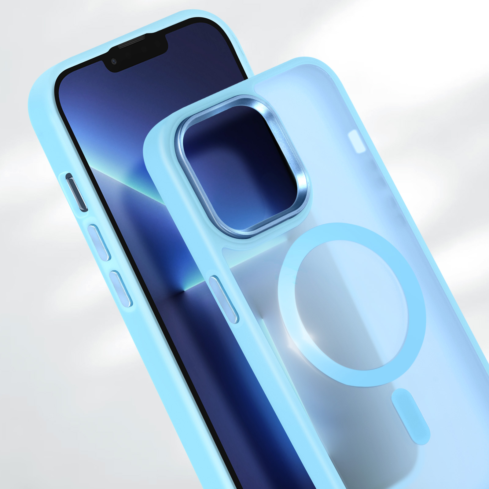 Custodia per telefono azzurra sopra uno schermo del telefono. Pulsanti blu. Sfondo bianco.