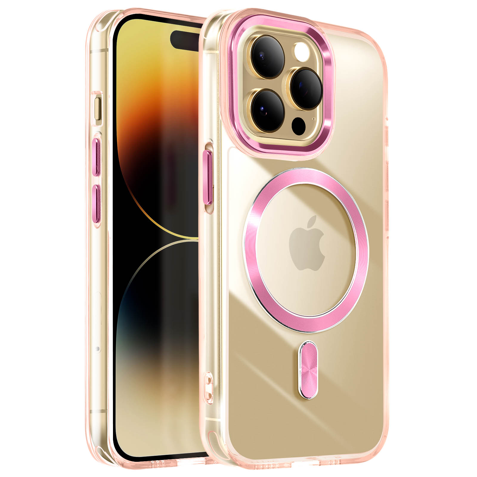 Custodia iPhone dorata con dettagli rosa, anello MagSafe e fori fotocamera.