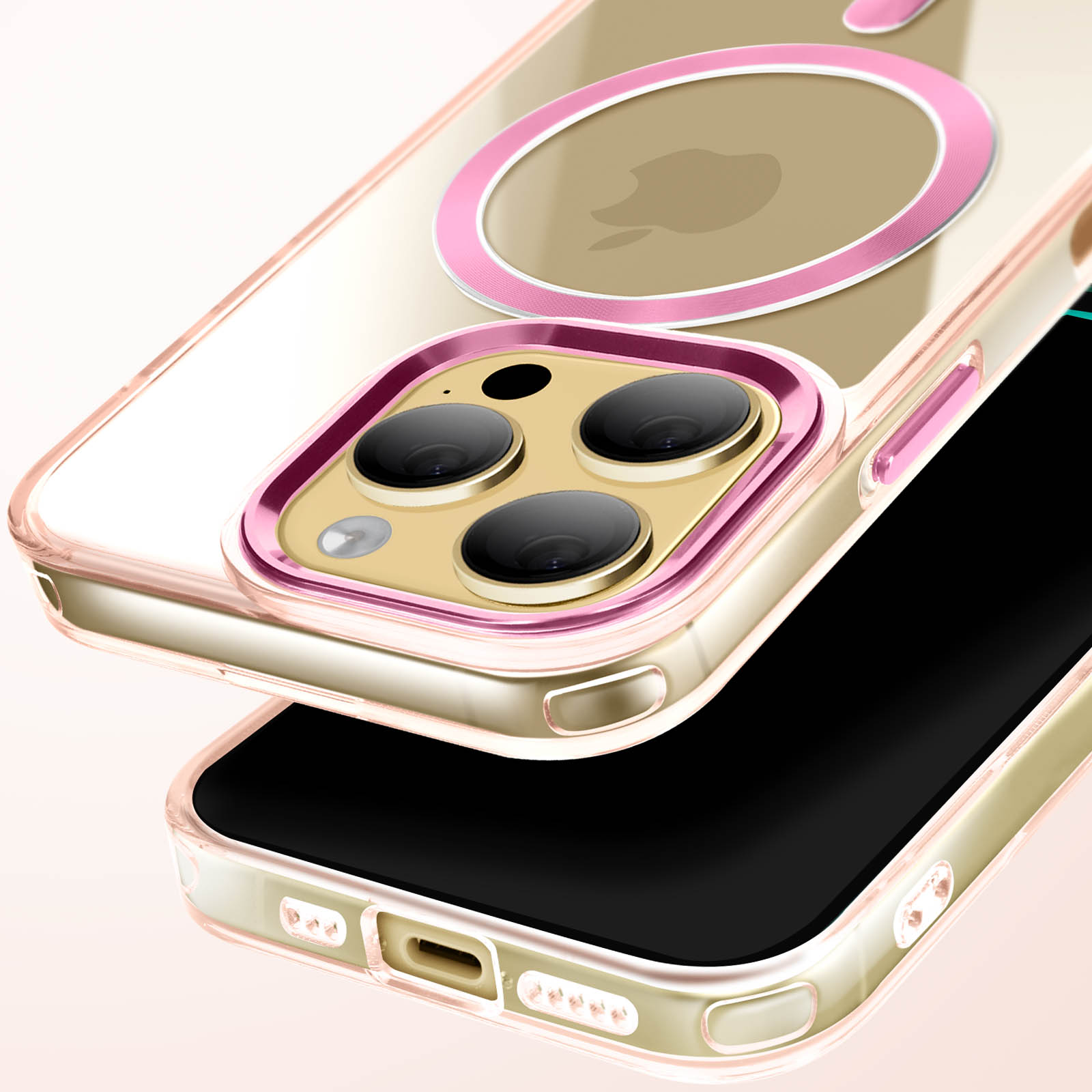 Custodia trasparente con dettagli rosa. La custodia è sopra un altro telefono.