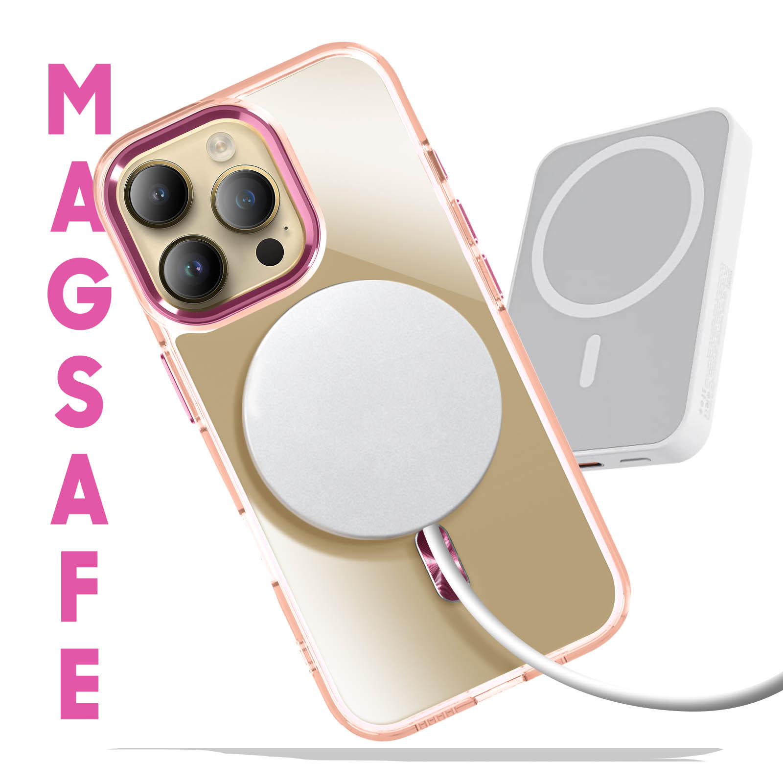 iPhone con custodia trasparente con bordi rosa e caricatore MagSafe bianco. La parola MAGSAFE è rosa.