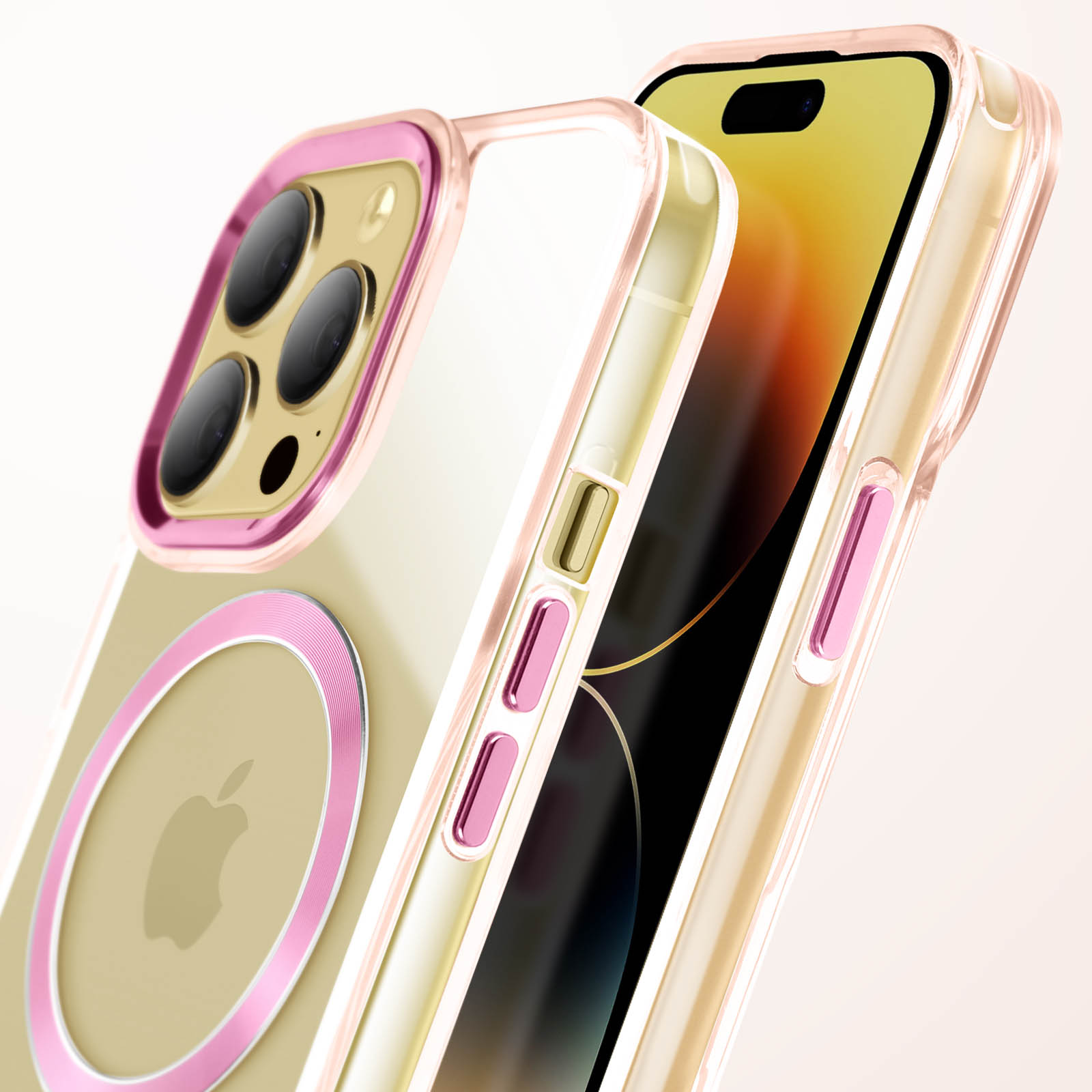Custodia trasparente per telefono con dettagli rosa. L'iPhone è all'interno della custodia. Il logo Apple è visibile.