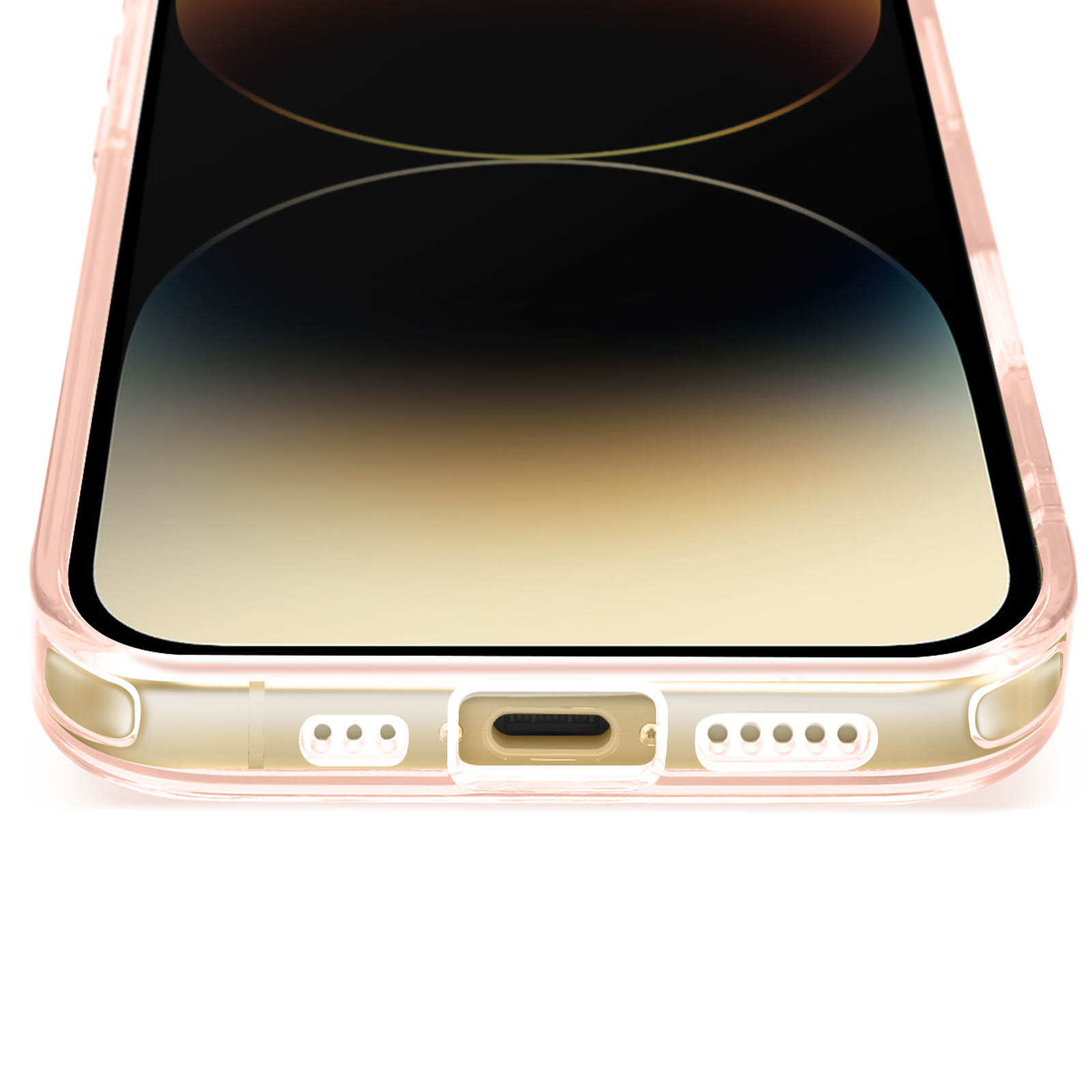 Un primo piano della parte inferiore di un telefono, che mostra la porta di ricarica, gli altoparlanti e i microfoni.