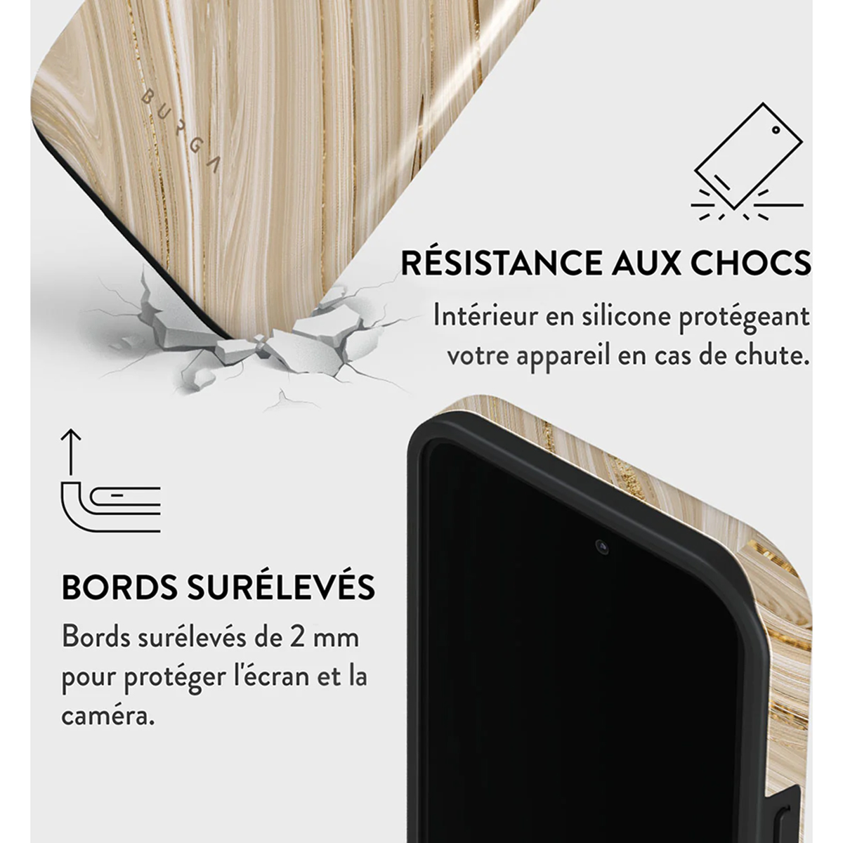 Telefoonhoes met goudmarmer ontwerp, scheurlijnen. Tekst: Schokbestendigheid. Witte achtergrond.