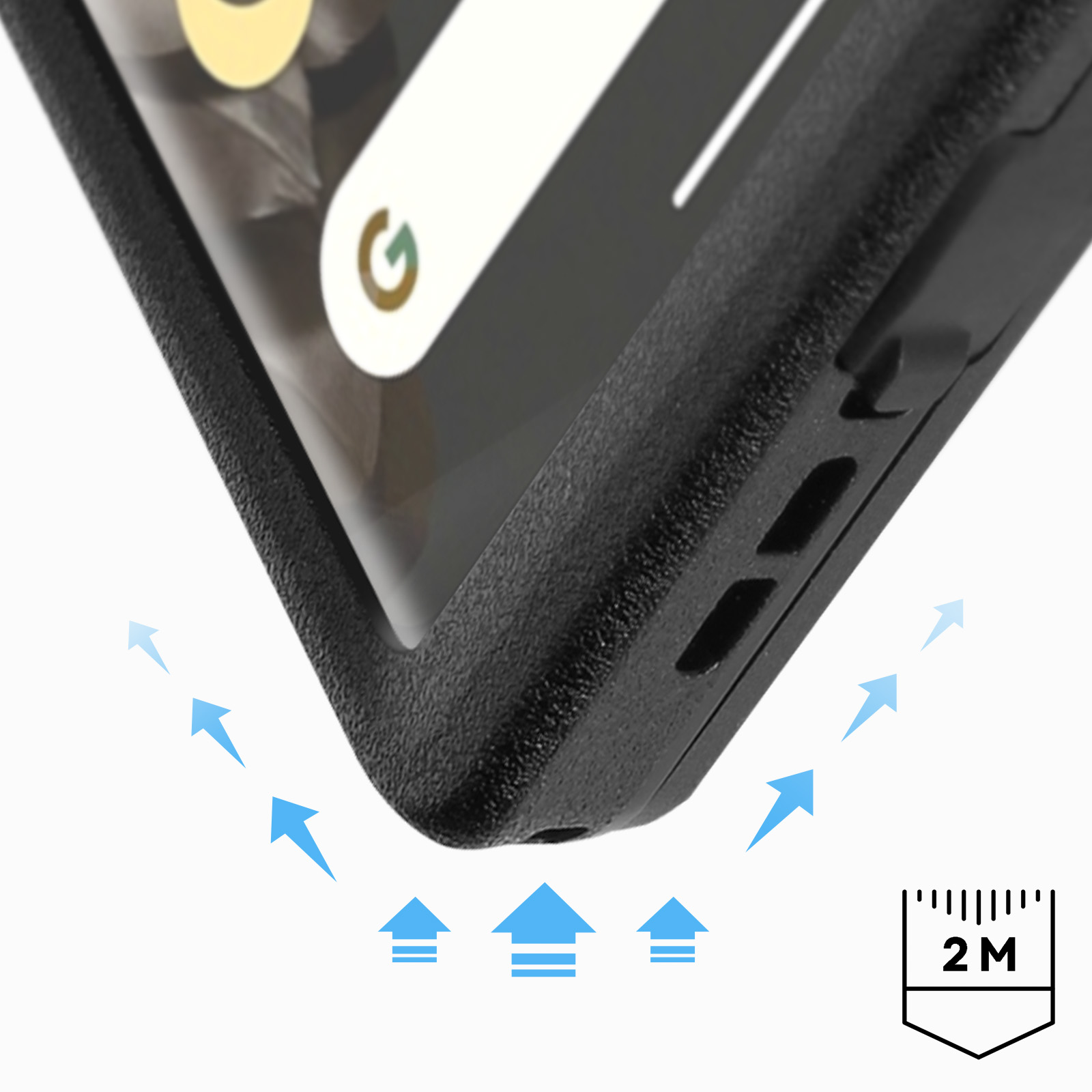 Telefon mit schwarzer Hülle, Bildschirm zeigt App, und Pfeile.