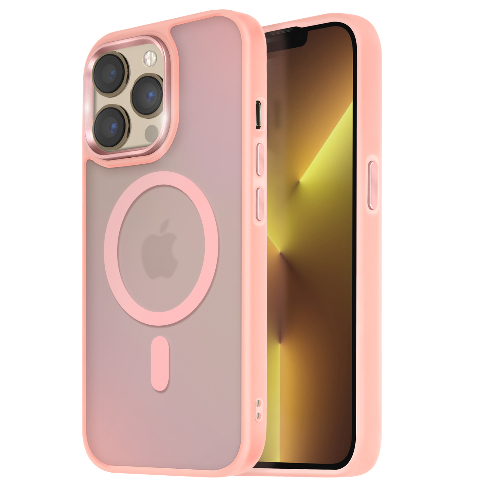 Custodia rosa con dettaglio a cerchio rosa. Logo Apple visibile. Schermo del telefono visibile. Sfondo rosa.