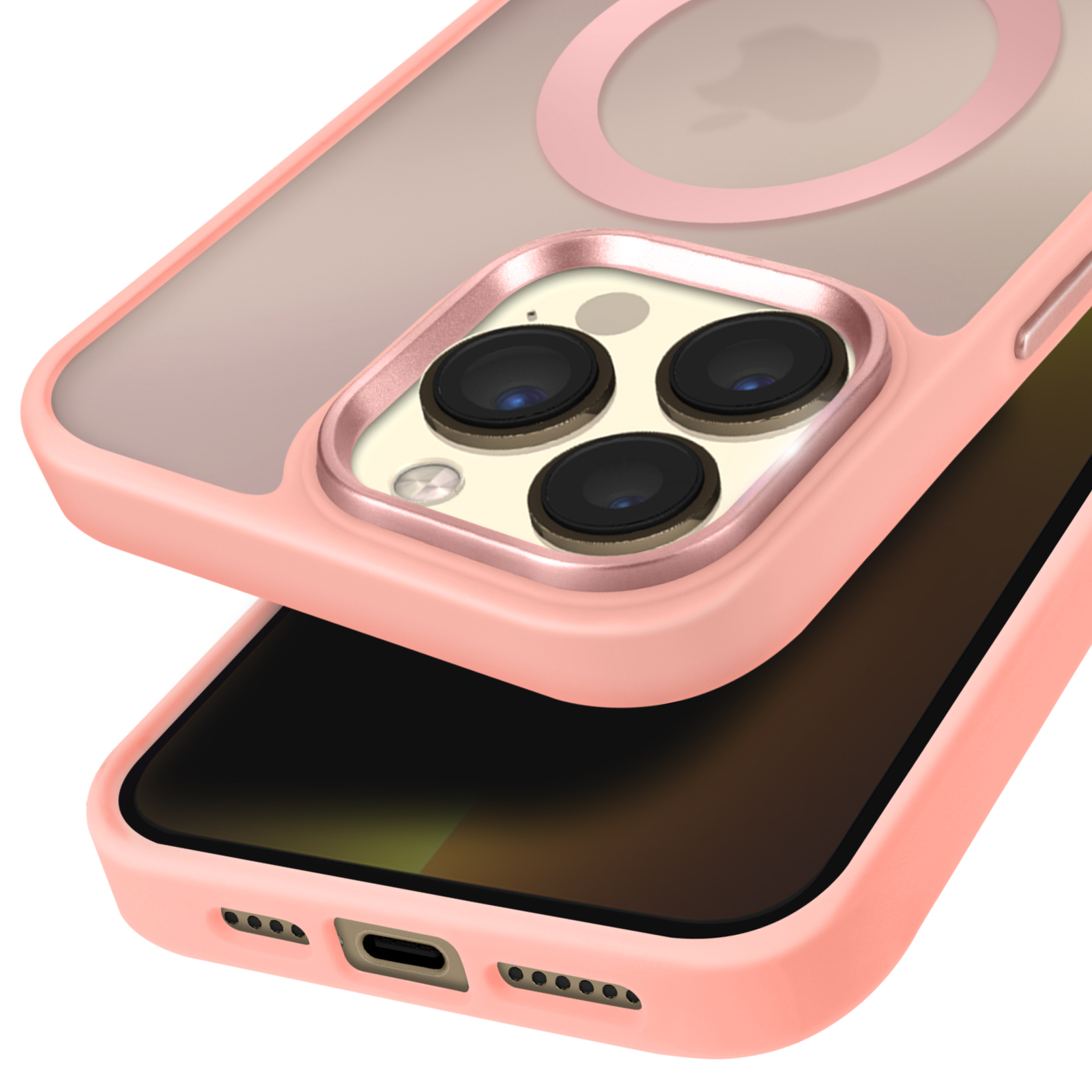 Custodia per telefono rosa con retro trasparente. La custodia ha un ritaglio per la fotocamera.