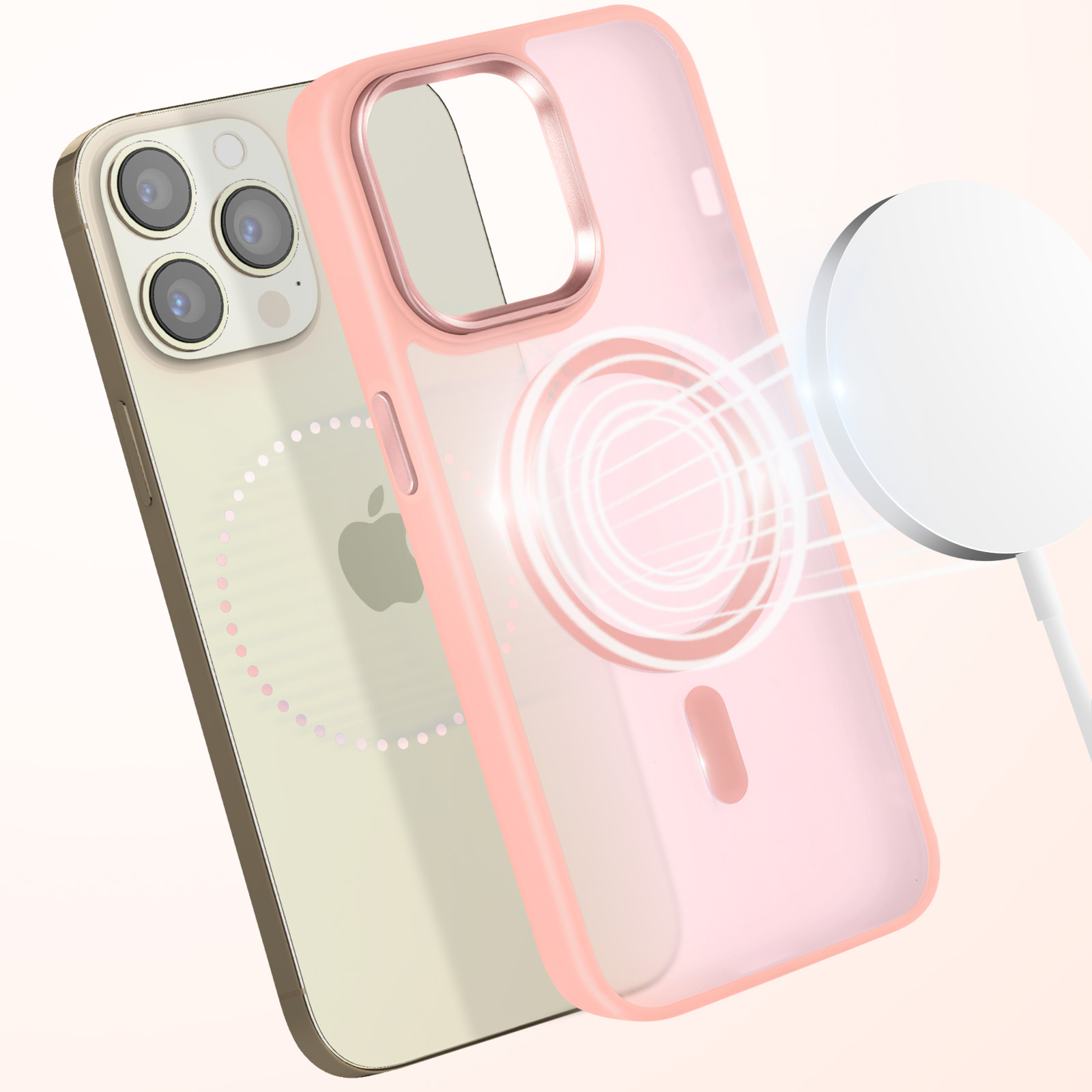 Custodia per telefono rosa con un cerchio bianco e un telefono. Lo sfondo è sfocato.
