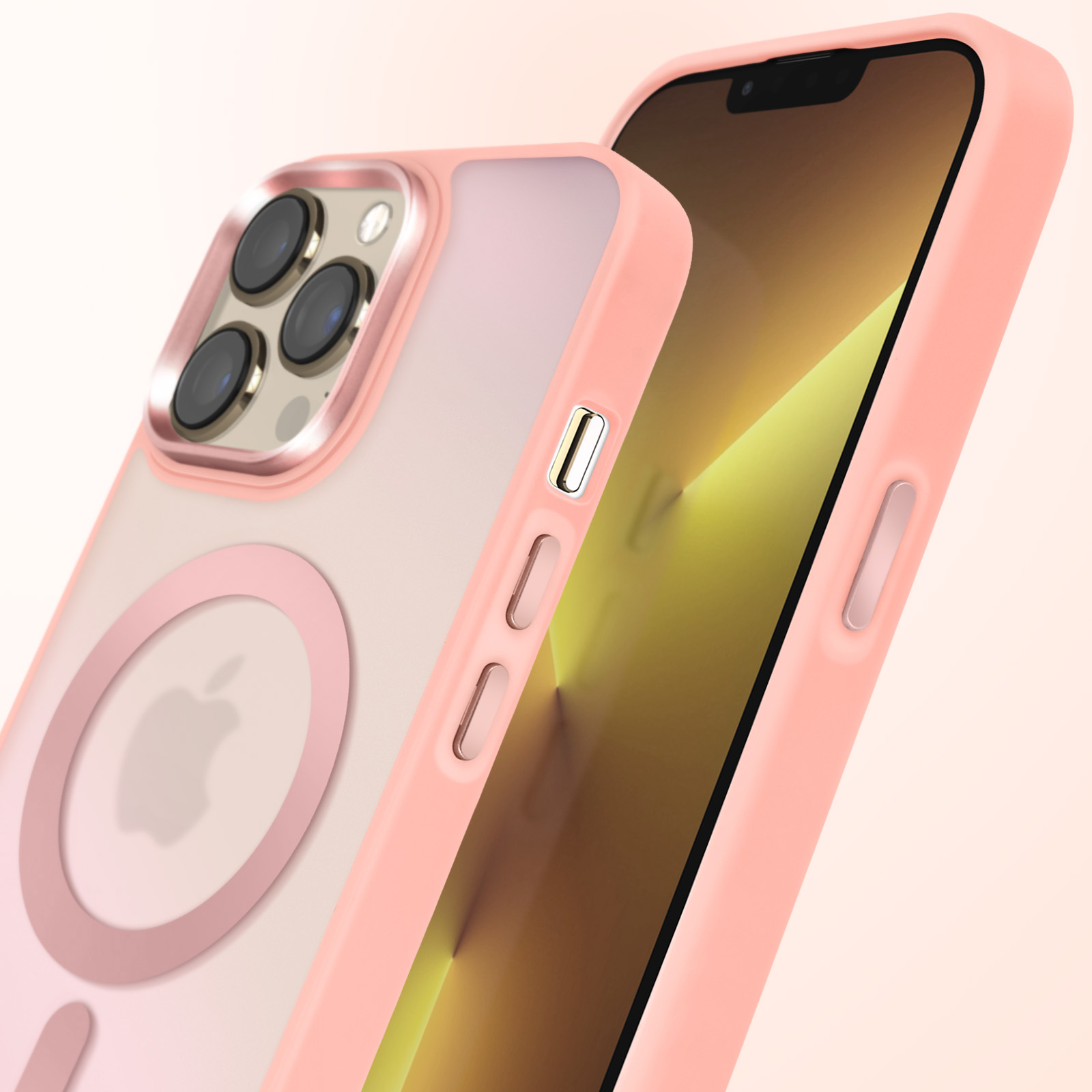 Custodia rosa con telefono. Sfondo pesca.