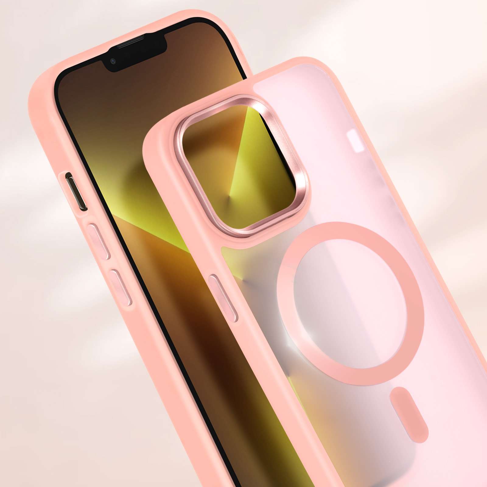 Custodia rosa per telefono. Retro trasparente, cornice rosa e telefono con schermo rosa.