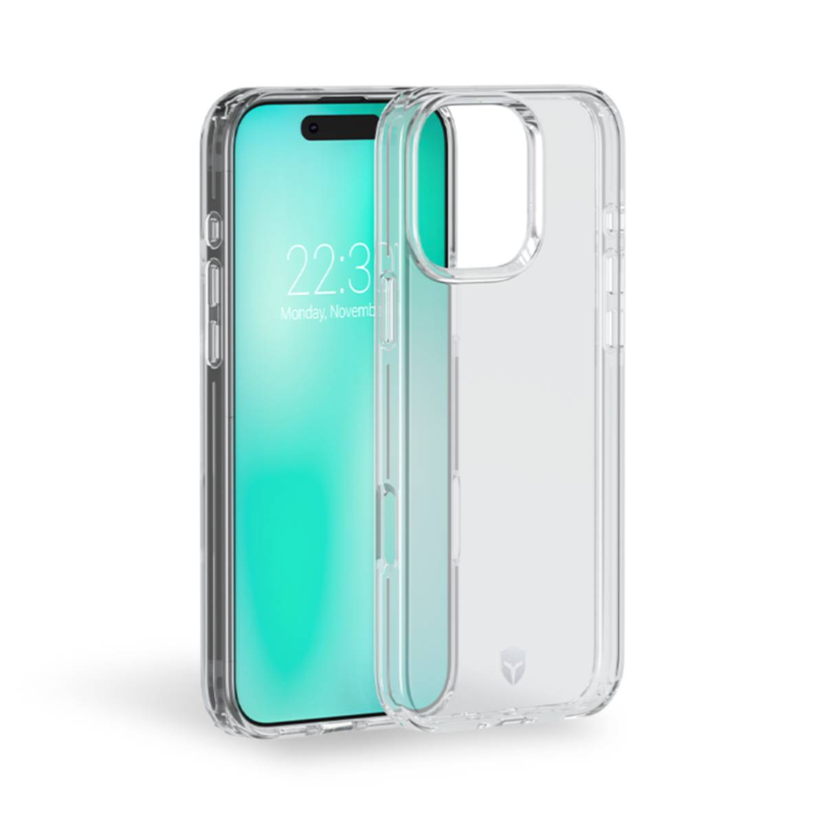 Funda transparente con teléfono dentro. Fondo blanco.