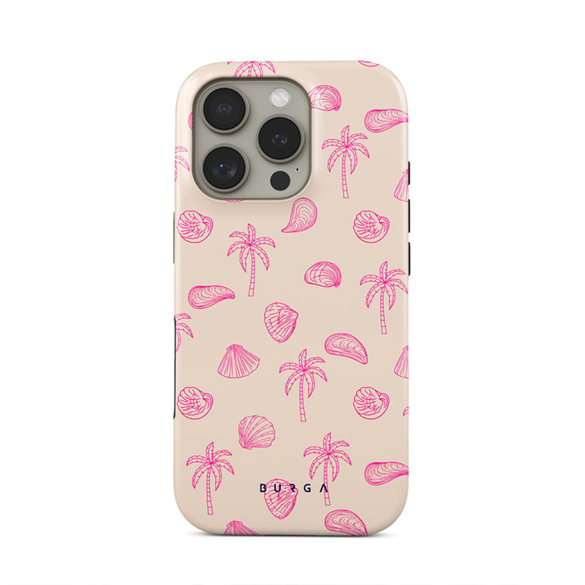 Coque de téléphone beige avec palmiers roses, coquillages et la marque BURGA en bas.