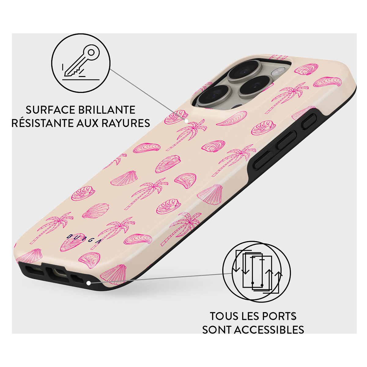 Coque avec fond beige et motif tropical rose. Texte en français indique la résistance.