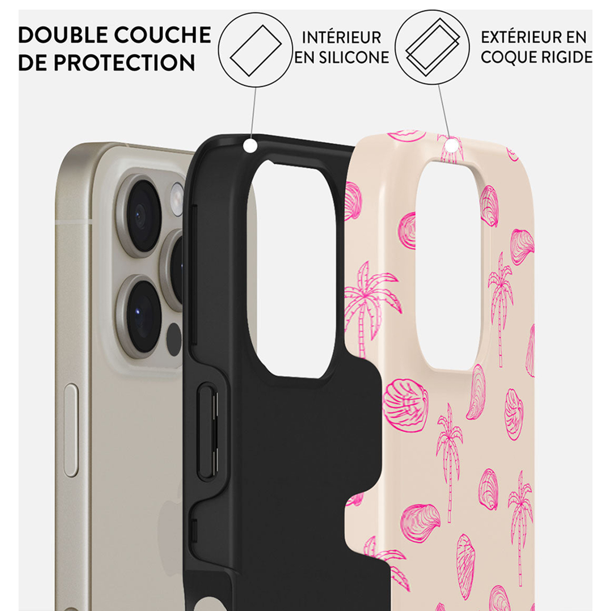Une coque de téléphone multicouche. La couche interne est noire, avec un motif de palmiers et de coquillages roses sur la couche externe.