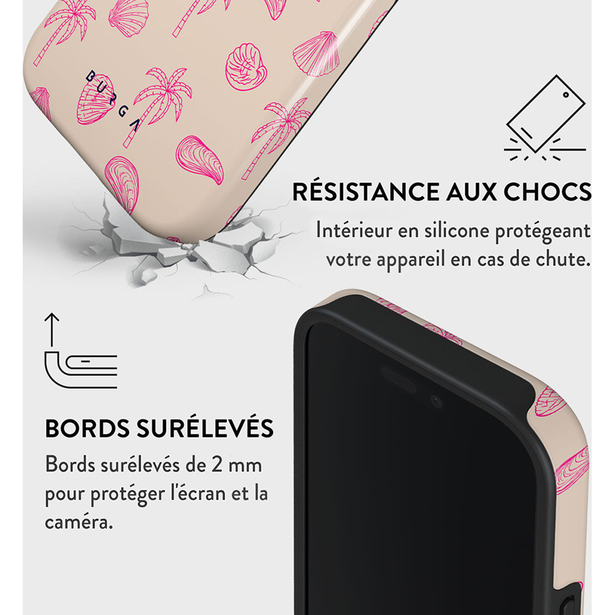 Coque de téléphone avec un motif de coquillages et de palmiers. Texte sur la résistance aux chocs affiché.