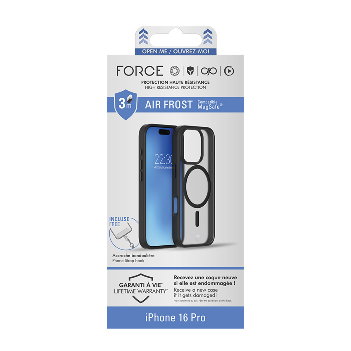 Telefono in custodia con scatola. Scatola con etichetta 'AIR FROST' e 'MagSafe'.